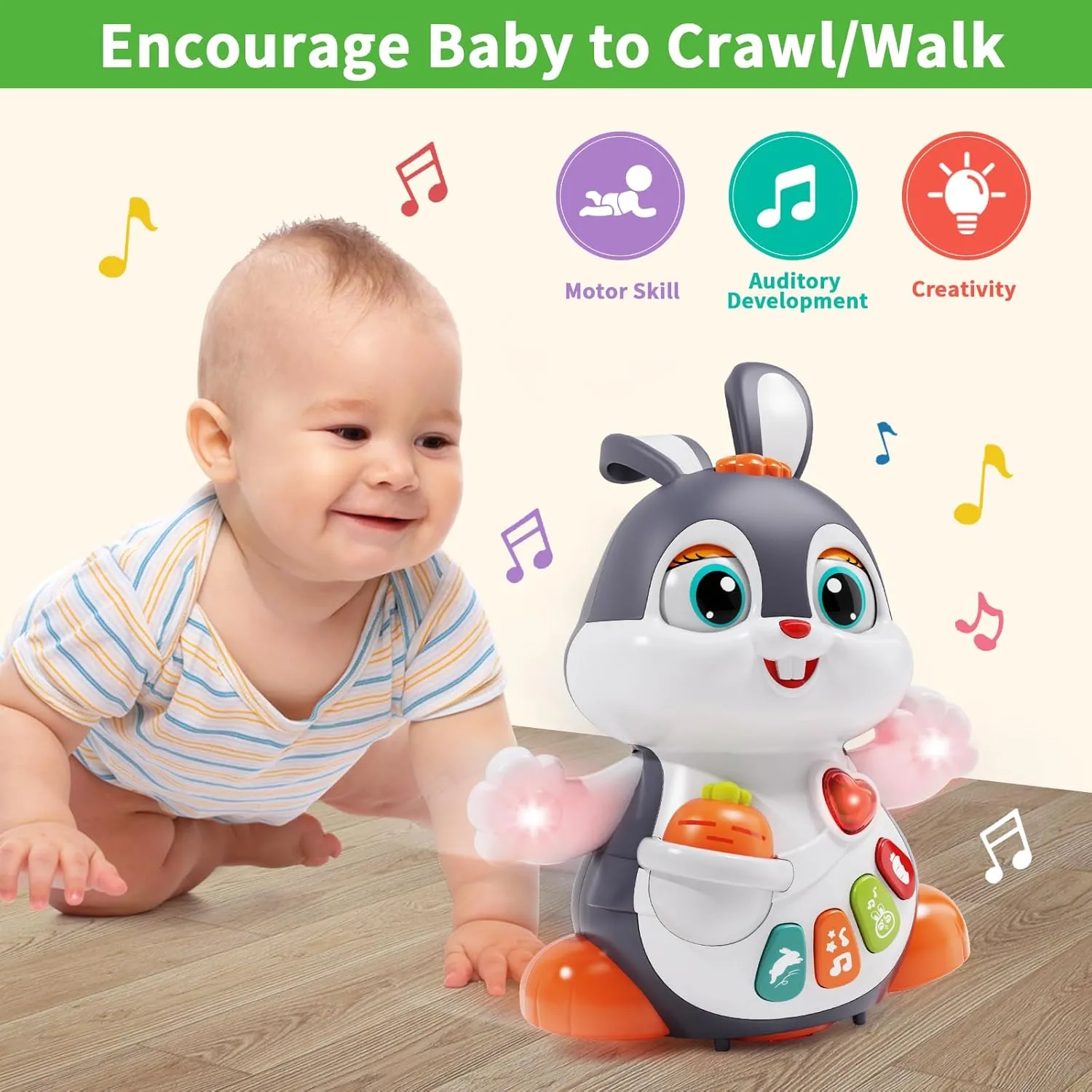Baby Musical Easter Bunny Toy Dancing Crawling Tummy Time Toys, Light Up Infant Toys 0-3-6 6-12 12-18 Months Birthday Easter Gifts for 1 Year Old Boy Girl Learning Baby Easter Basket Stuffers