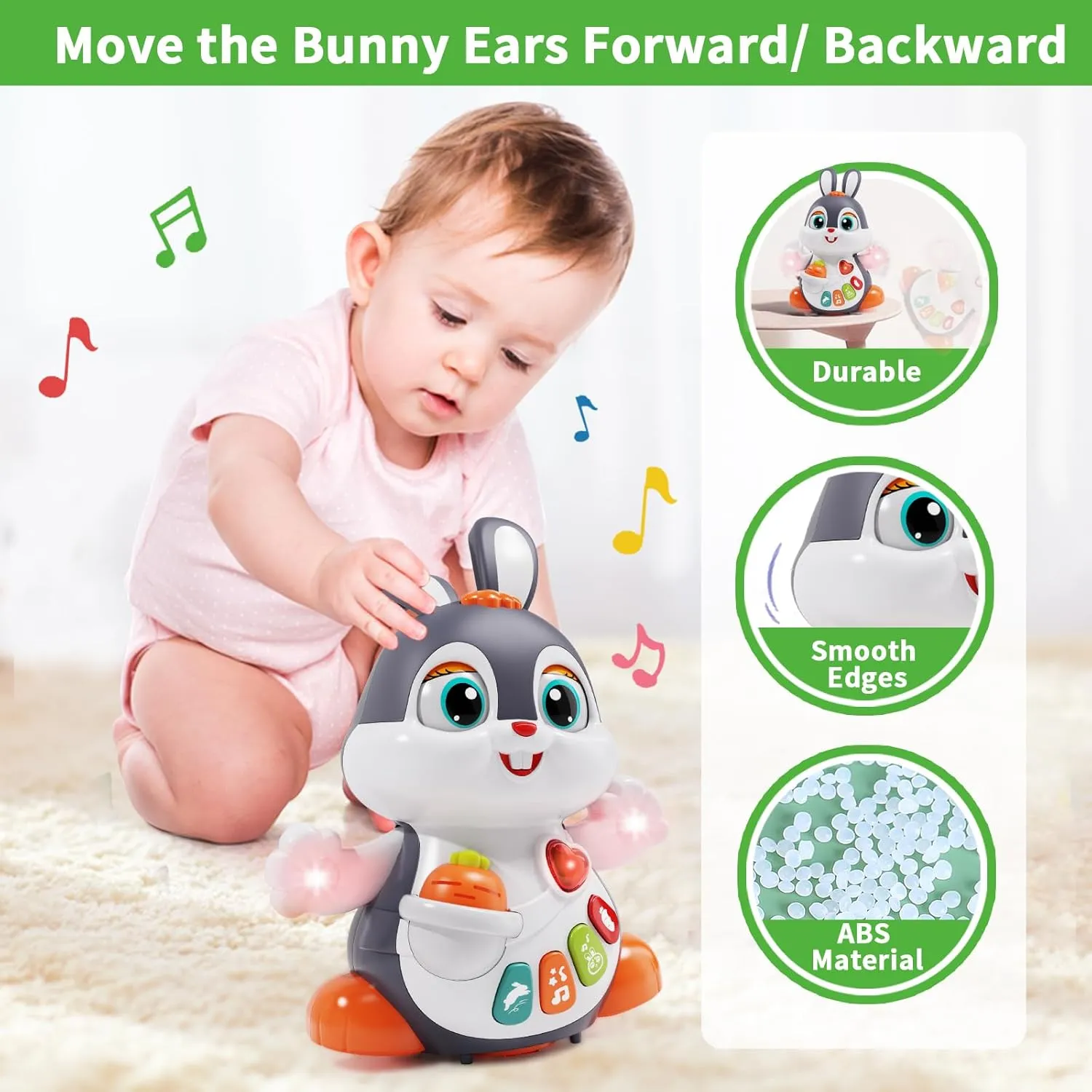 Baby Musical Easter Bunny Toy Dancing Crawling Tummy Time Toys, Light Up Infant Toys 0-3-6 6-12 12-18 Months Birthday Easter Gifts for 1 Year Old Boy Girl Learning Baby Easter Basket Stuffers