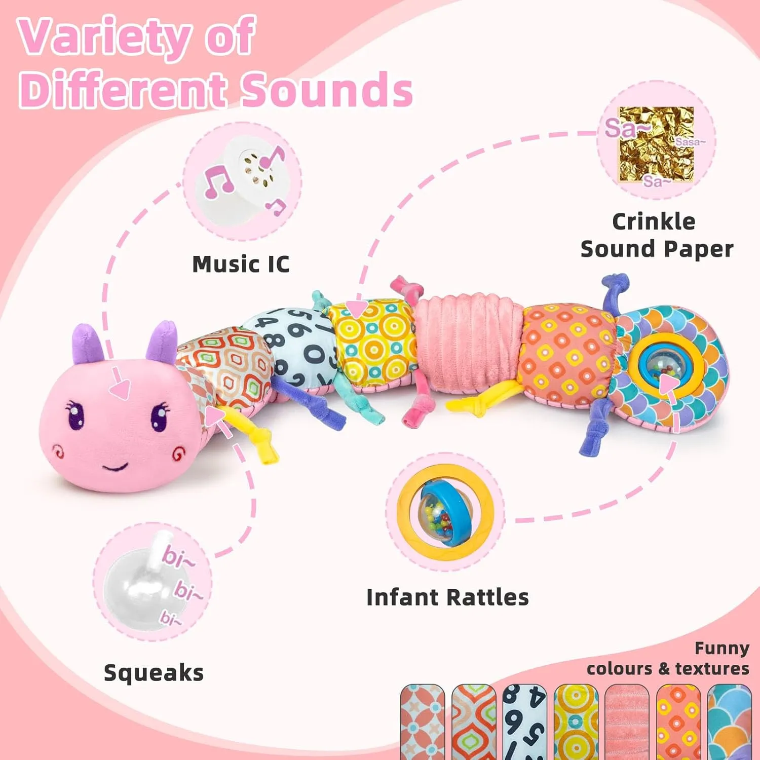 Baby Musical Stuffed Toys 0-6 Months,Plush Caterpillar Toys with Built in Music,BB Squeaks,Crinkle and Rattle,Baby Toys 6-12 Months,Baby Soft Sensory Tummy Time Toys for Girls(Pink)
