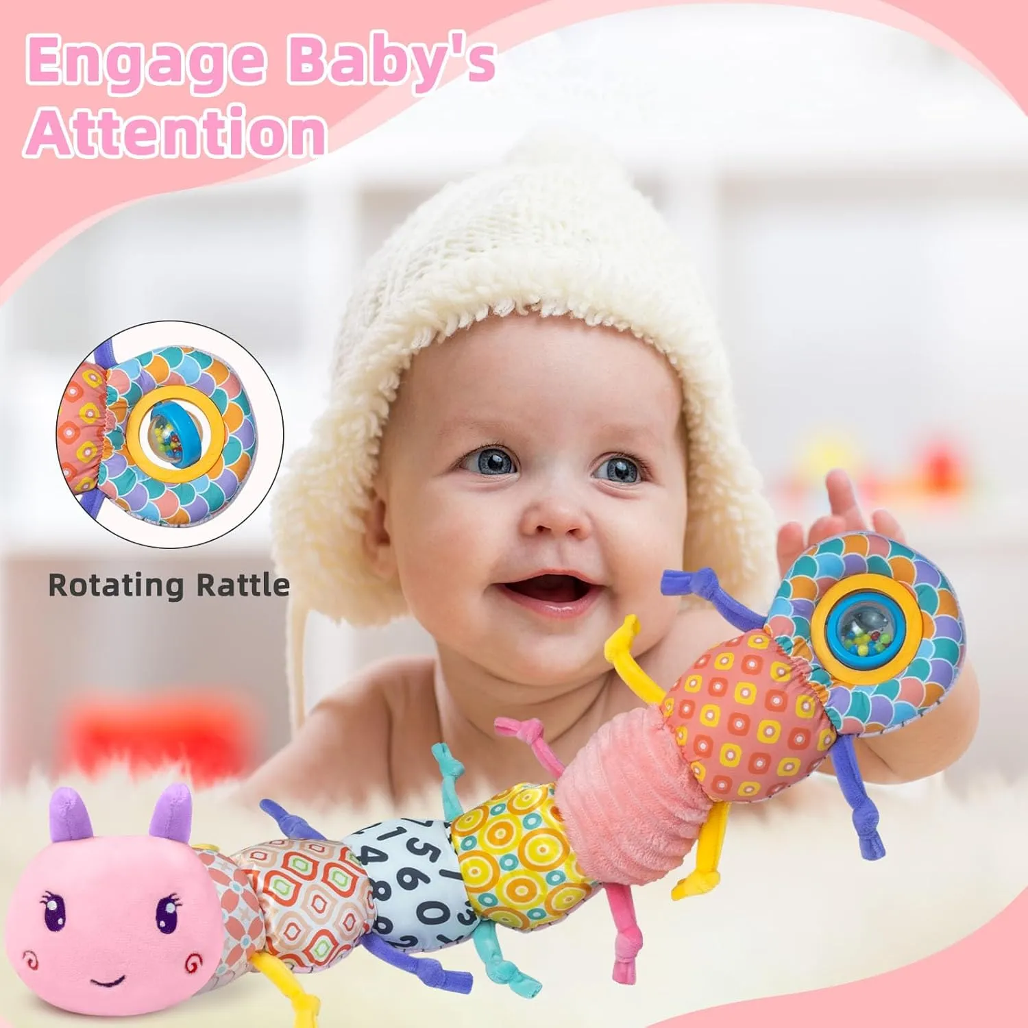 Baby Musical Stuffed Toys 0-6 Months,Plush Caterpillar Toys with Built in Music,BB Squeaks,Crinkle and Rattle,Baby Toys 6-12 Months,Baby Soft Sensory Tummy Time Toys for Girls(Pink)