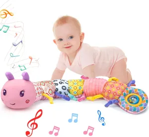 Baby Musical Stuffed Toys 0-6 Months,Plush Caterpillar Toys with Built in Music,BB Squeaks,Crinkle and Rattle,Baby Toys 6-12 Months,Baby Soft Sensory Tummy Time Toys for Girls(Pink)
