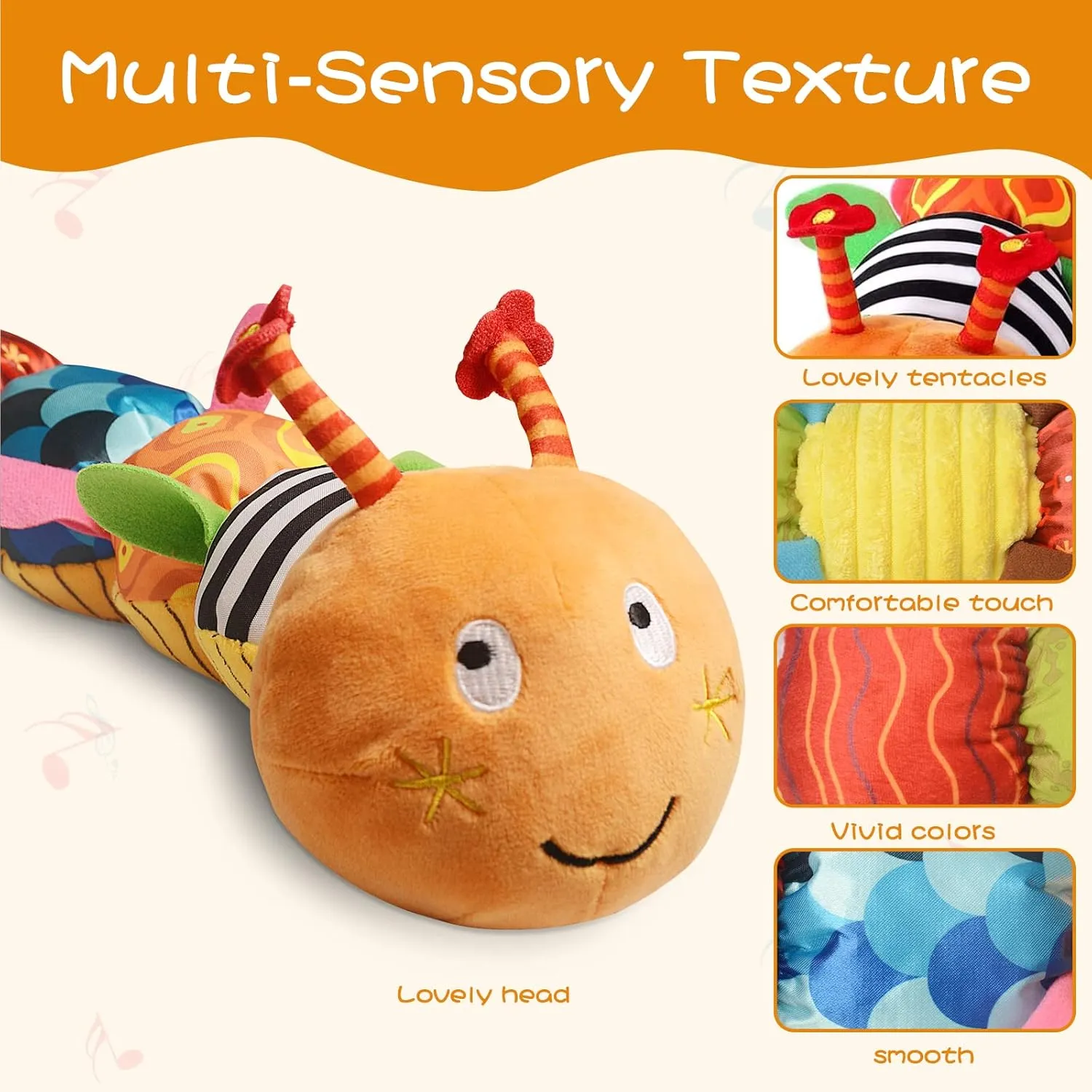 Baby Musical Worm Soft Infant Toy, 6 Different Sensory, Crinkle and Rattle Stuffed Animals for Newborn Toy Tummy Time 0-3-6-12 Months Old Girl Boy Gifts, Cuddly Caterpillar