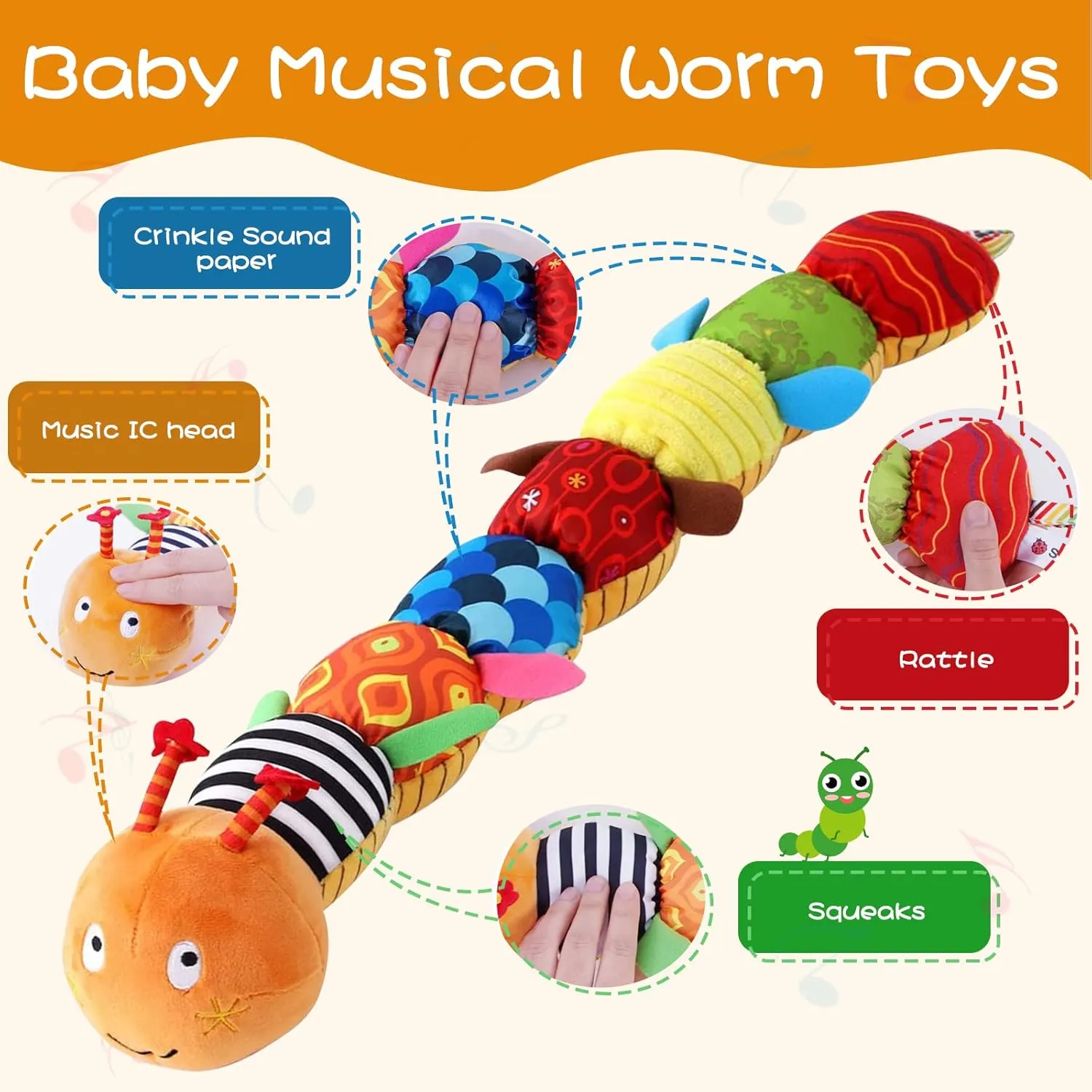Baby Musical Worm Soft Infant Toy, 6 Different Sensory, Crinkle and Rattle Stuffed Animals for Newborn Toy Tummy Time 0-3-6-12 Months Old Girl Boy Gifts, Cuddly Caterpillar