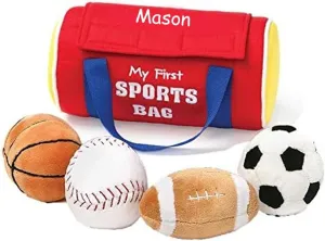 Baby Playset - Sports Ball Gym Bag Playset - Plush Soft Crinkle Rattle Toys Set with Custom Name