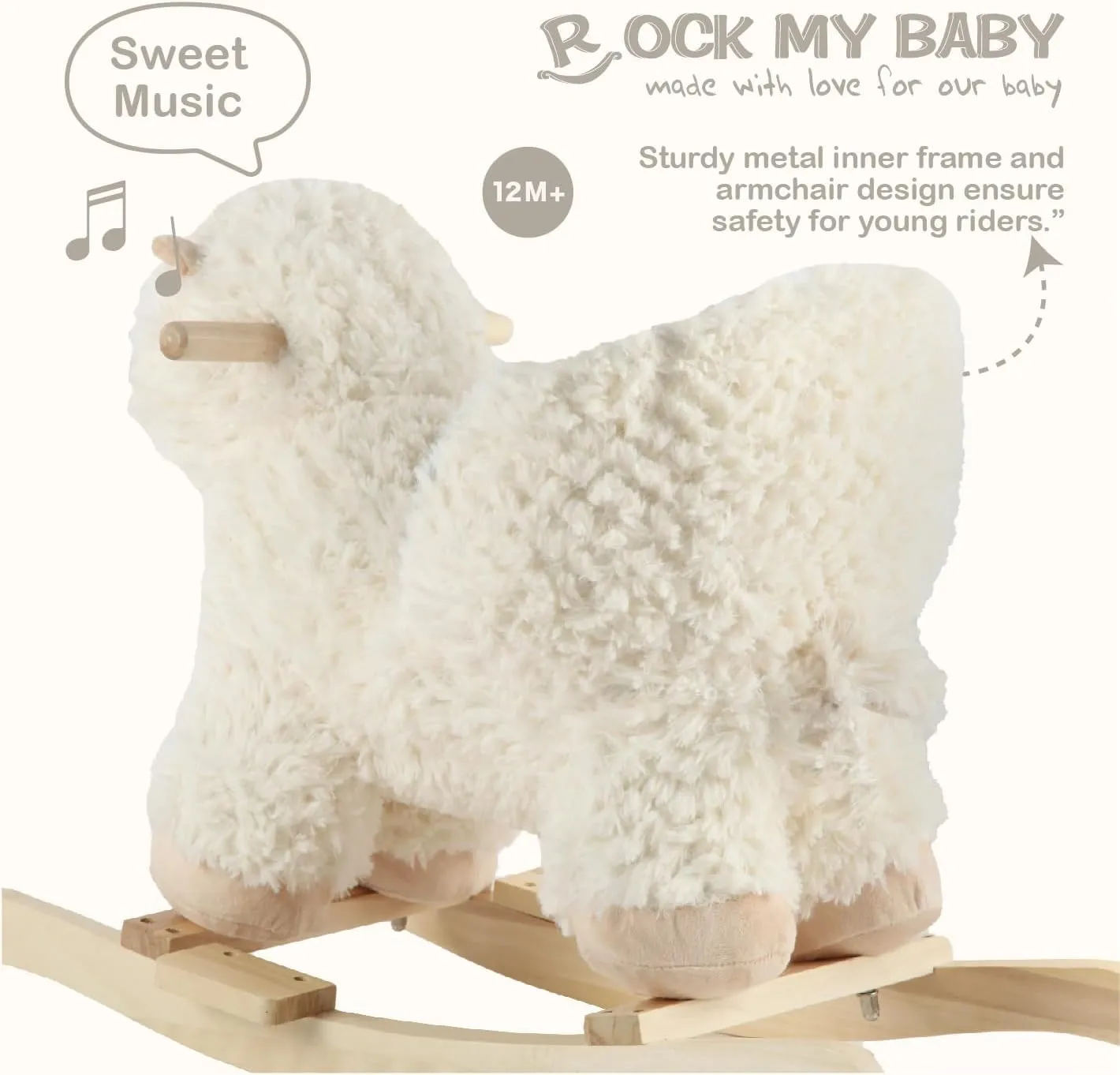 Baby Rocking Horse Alpaca Llama with Chair, Plush Stuffed Animal Rocker, Wooden Rocking Toy Llama Animal Ride on,Cream Llama,CPC Certified