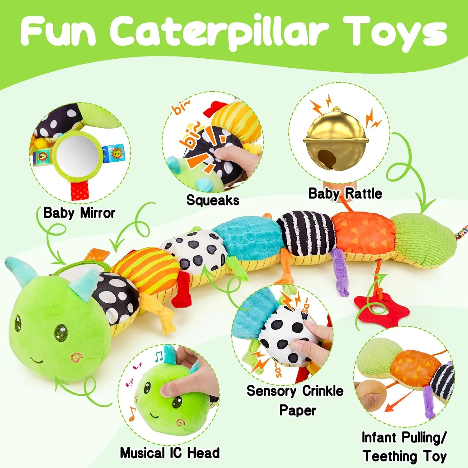 Baby Sensory Toy 0-6 Month Music Animal Stuffed Plush Caterpillar Toy for Infant 0-3-6 Month Tummy Time with Baby Mirror Crinkle Rattle for 6-12 Month Carseat Toy for Newborn Boys Girls Shower Gifts