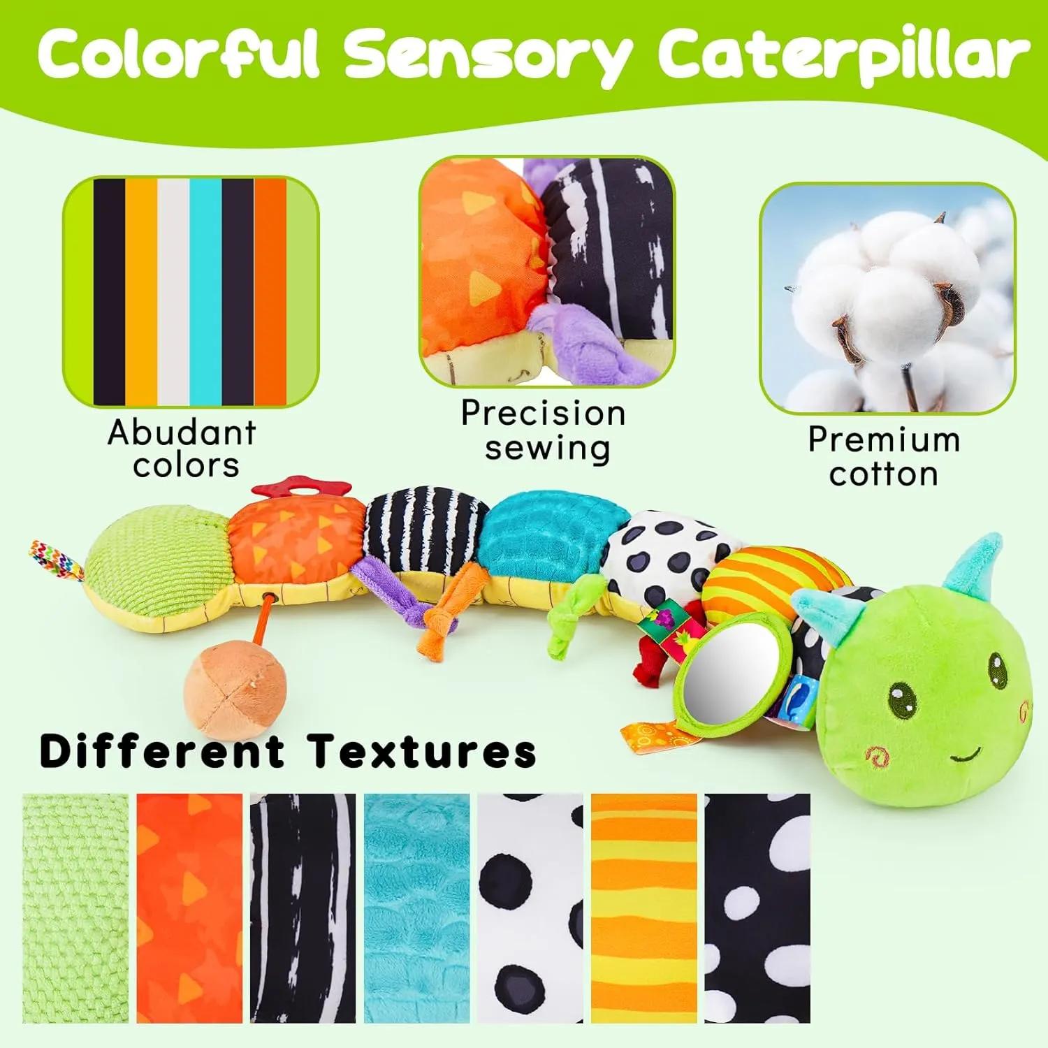 Baby Sensory Toy 0-6 Month Music Animal Stuffed Plush Caterpillar Toy for Infant 0-3-6 Month Tummy Time with Baby Mirror Crinkle Rattle for 6-12 Month Carseat Toy for Newborn Boys Girls Shower Gifts