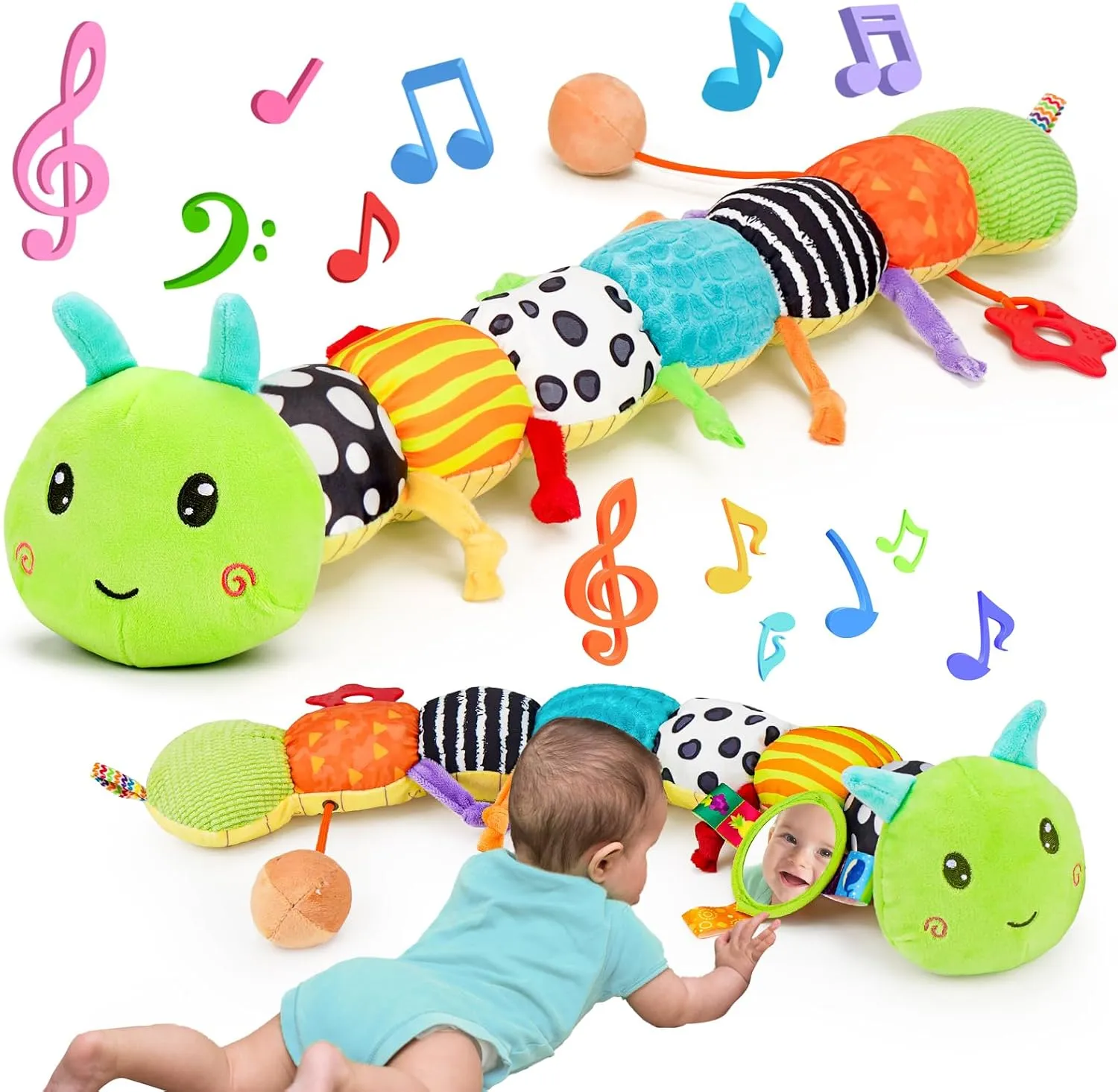 Baby Sensory Toy 0-6 Month Music Animal Stuffed Plush Caterpillar Toy for Infant 0-3-6 Month Tummy Time with Baby Mirror Crinkle Rattle for 6-12 Month Carseat Toy for Newborn Boys Girls Shower Gifts