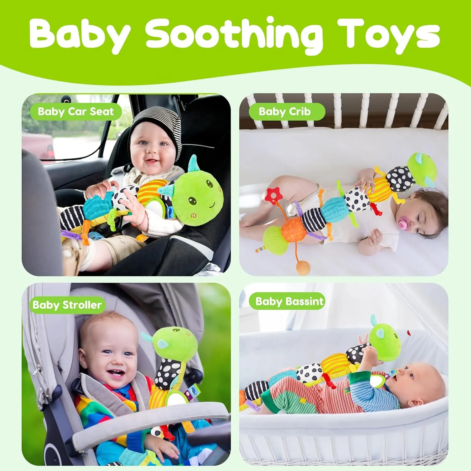 Baby Sensory Toy 0-6 Month Music Animal Stuffed Plush Caterpillar Toy for Infant 0-3-6 Month Tummy Time with Baby Mirror Crinkle Rattle for 6-12 Month Carseat Toy for Newborn Boys Girls Shower Gifts