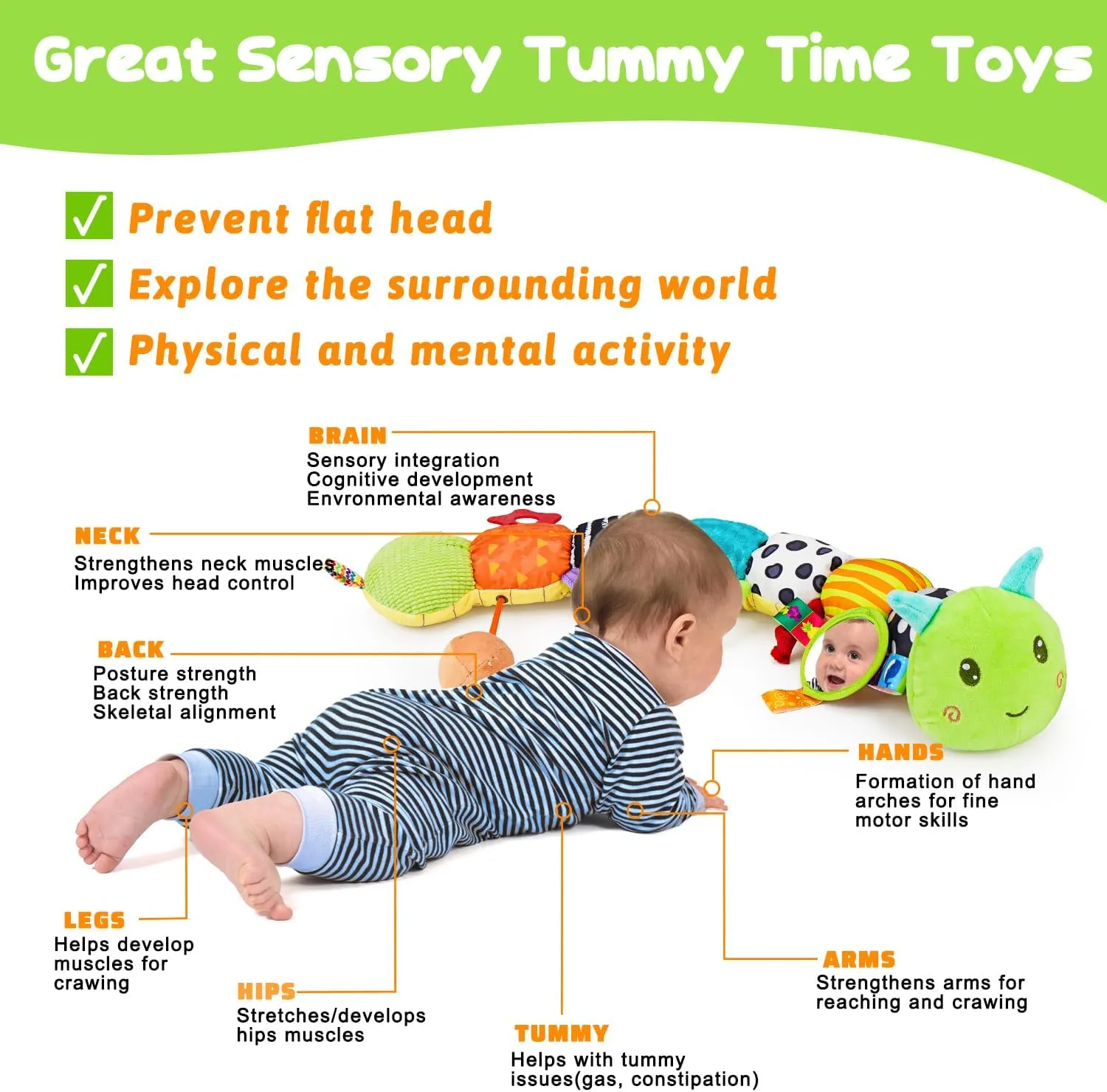 Baby Sensory Toy 0-6 Month Music Animal Stuffed Plush Caterpillar Toy for Infant 0-3-6 Month Tummy Time with Baby Mirror Crinkle Rattle for 6-12 Month Carseat Toy for Newborn Boys Girls Shower Gifts