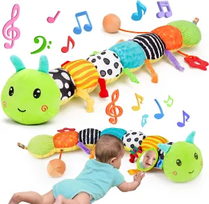 Baby Sensory Toy 0-6 Month Music Animal Stuffed Plush Caterpillar Toy for Infant 0-3-6 Month Tummy Time with Baby Mirror Crinkle Rattle for 6-12 Month Carseat Toy for Newborn Boys Girls Shower Gifts