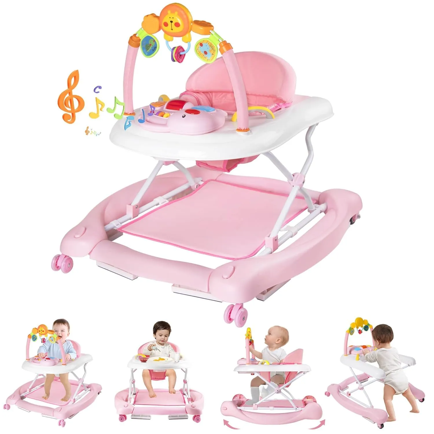 Baby Walker with Wheels, 5 in 1 Baby Walkers for Boys Girls 6-12 Months, Foldable Walker Baby with Bouncer & Feeding Tray, Music, Adjustable Heights