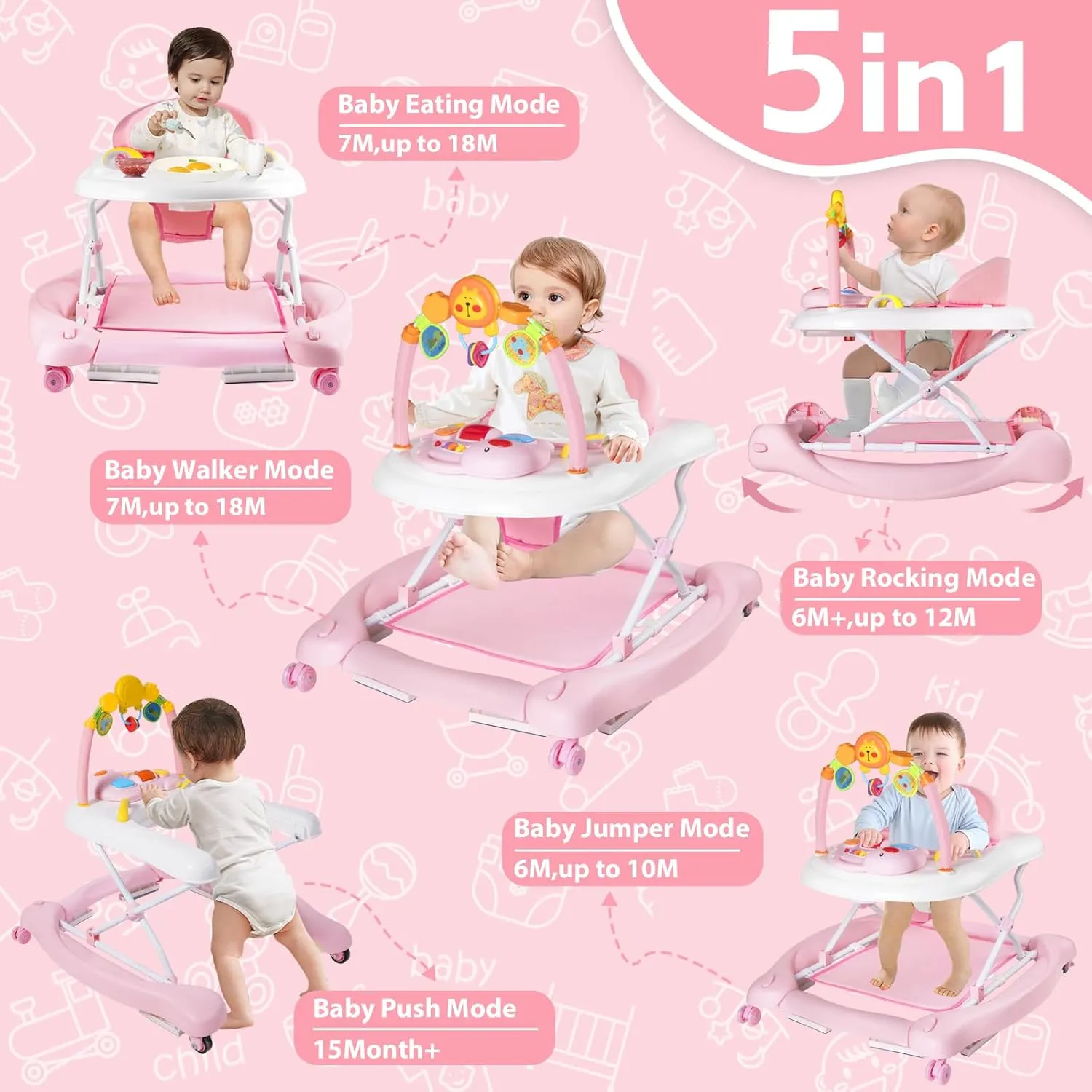 Baby Walker with Wheels, 5 in 1 Baby Walkers for Boys Girls 6-12 Months, Foldable Walker Baby with Bouncer & Feeding Tray, Music, Adjustable Heights