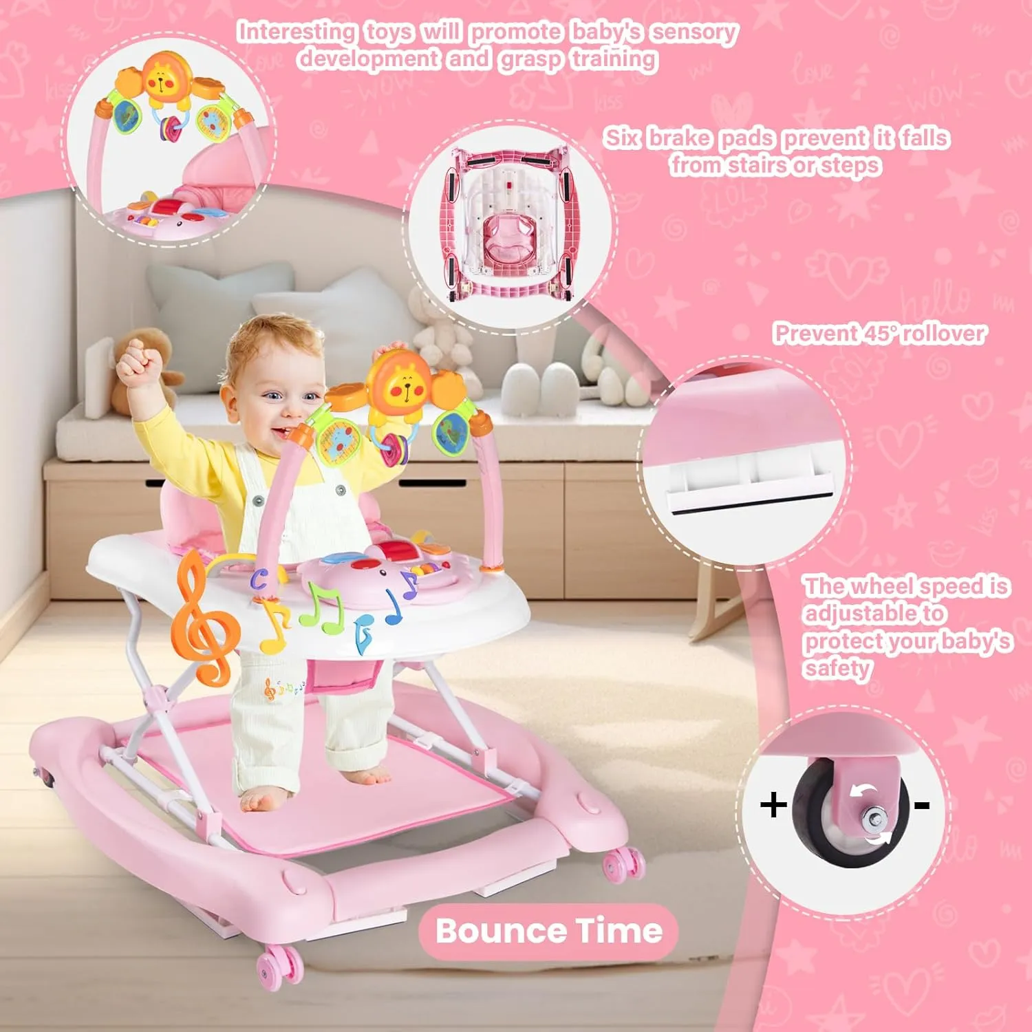 Baby Walker with Wheels, 5 in 1 Baby Walkers for Boys Girls 6-12 Months, Foldable Walker Baby with Bouncer & Feeding Tray, Music, Adjustable Heights