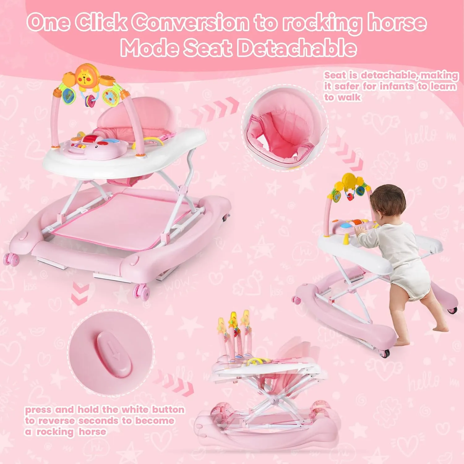 Baby Walker with Wheels, 5 in 1 Baby Walkers for Boys Girls 6-12 Months, Foldable Walker Baby with Bouncer & Feeding Tray, Music, Adjustable Heights