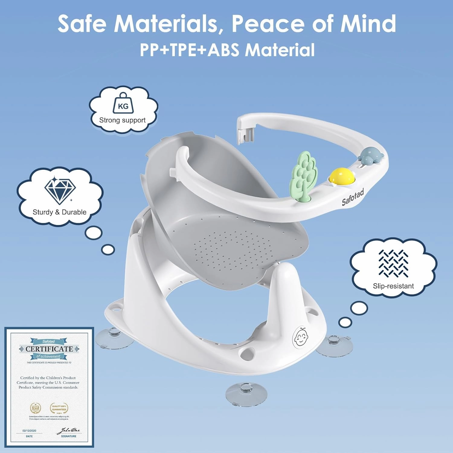 Baby Bath Seat for Babies 6 to 18 Months, Toddler Safety Bathtub Seat, Sit Up Bath Seat for Infant Bath Essentials with Soft Cushion & Suction Cups, Gray