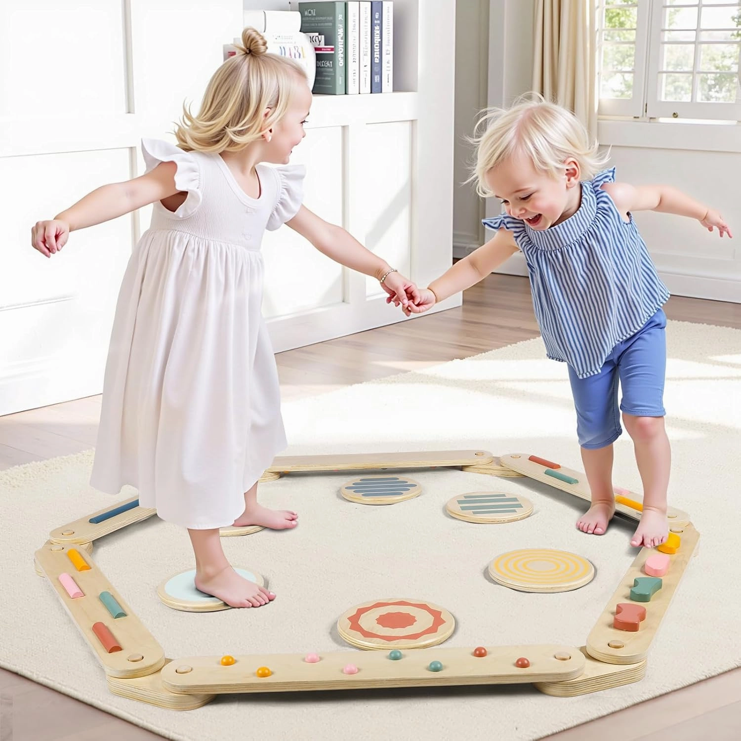 Balance Beam Wooden Balance Board Stepping Stones Montessori Toy for Kids 3-5 Toddler Gross Motor Skills Build Coordination Gymnastics Obstacle Course Indoor Outdoor Gift 6pcs