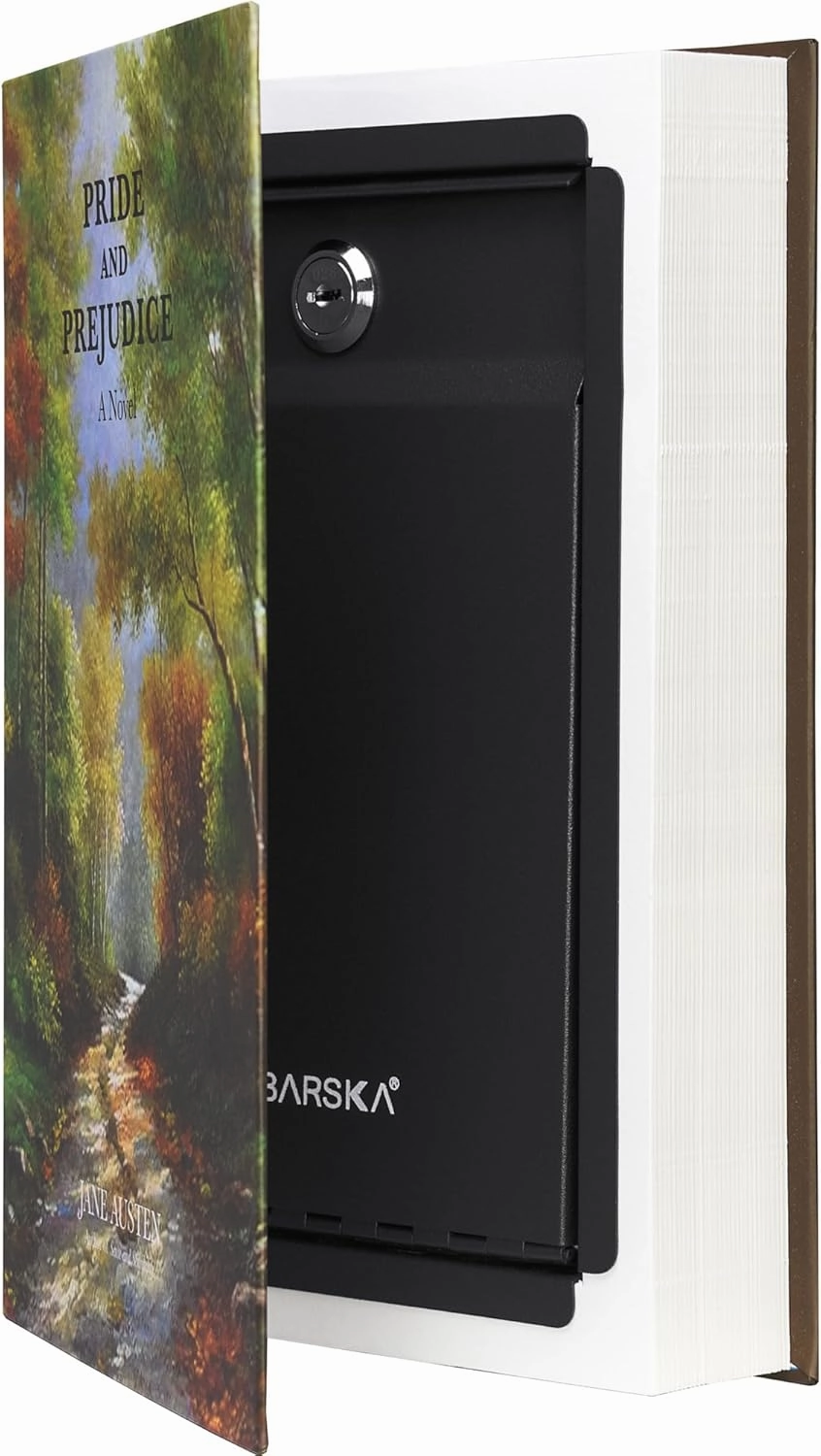 Barska Hidden Book Safe – Real-Look Pride and Prejudice Diversion Lock Box with Key Lock – Secret Safe for Home, Office, Travel – Portable Steel Storage for Cash, Jewelry, Valuables