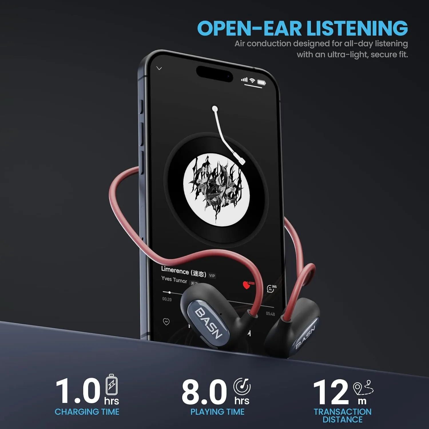 BASN AirS1 Air Conduction Headphones, Wireless Bluetooth 5.3 with IPX5 Waterproof, 16.2mm Driver ENC Open Ear Sport Headphones for Cycling Running Swimming Exercise Travel (Red)