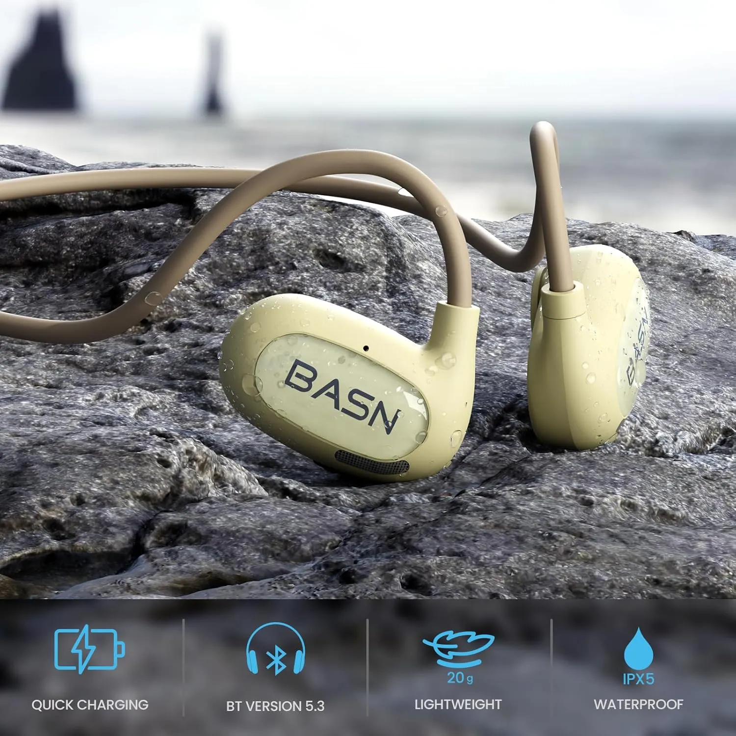 BASN AirS1 Open Ear Headphones, Bluetooth 5.3 Air Conduction ENC Sport Earbuds with Premium Sound & Clear Calls, IPX5 Waterproof Wireless Earphones for Workouts Running Hiking Cycling (Beige)