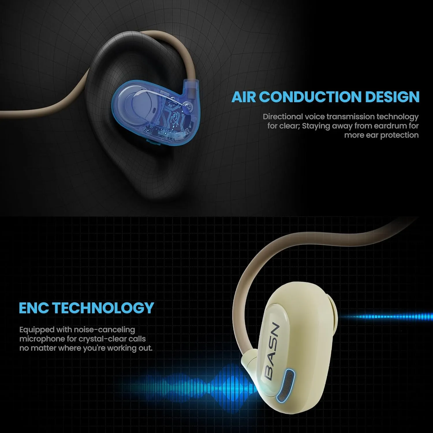 BASN AirS1 Open Ear Headphones, Bluetooth 5.3 Air Conduction ENC Sport Earbuds with Premium Sound & Clear Calls, IPX5 Waterproof Wireless Earphones for Workouts Running Hiking Cycling (Beige)
