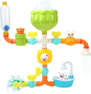 Bath Toys for Kids Ages 1-3, Bathtub Time Waterfall Toddler Toy Set, Bath DIY Water Pipe Assembly Kit with Valves & Water Wheel, for 6-12 12-18 Months