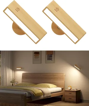 Battery Operated Wall Sconces Set of 2,Rechargeable Wall Lights Wood,Stick On Wall Lights for Bedroom,Wall Mounted Bedside Reading Lamps Dimmable,Battery Powered Wall Lamp for Bedroom