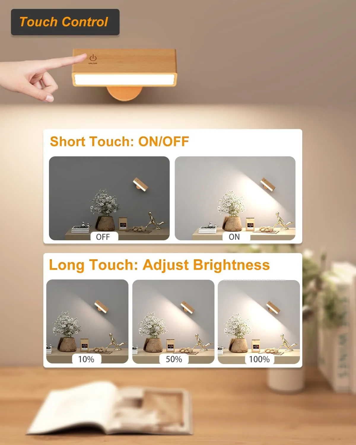 Battery Operated Wall Sconces Set of 2,Rechargeable Wall Lights Wood,Stick On Wall Lights for Bedroom,Wall Mounted Bedside Reading Lamps Dimmable,Battery Powered Wall Lamp for Bedroom