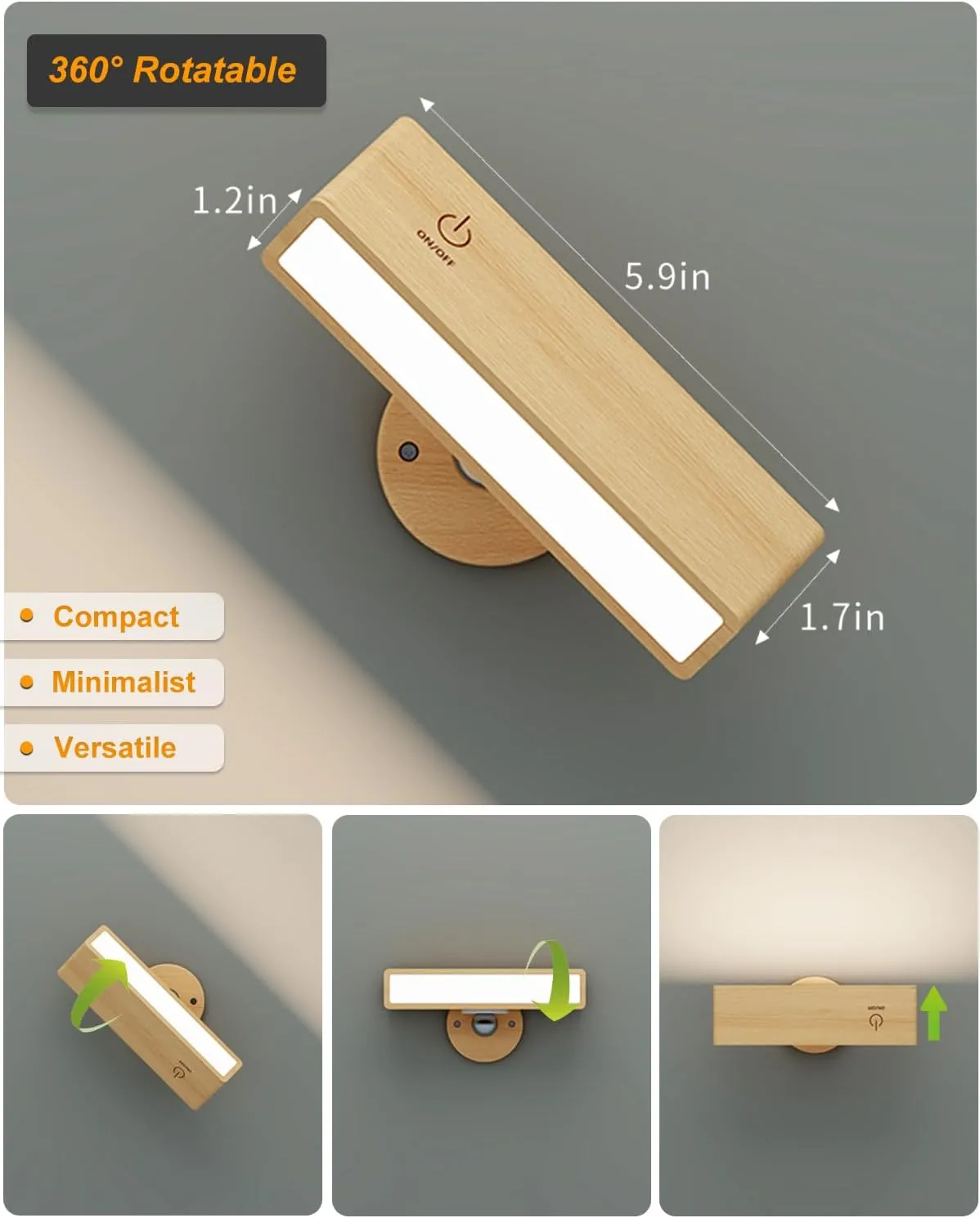 Battery Operated Wall Sconces Set of 2,Rechargeable Wall Lights Wood,Stick On Wall Lights for Bedroom,Wall Mounted Bedside Reading Lamps Dimmable,Battery Powered Wall Lamp for Bedroom