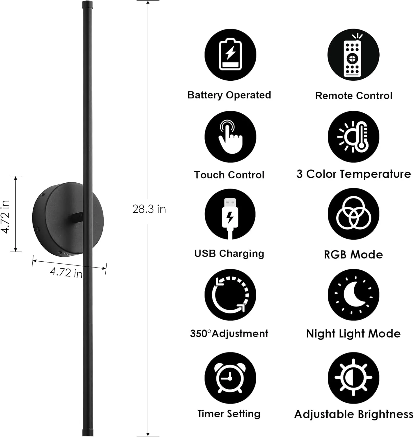 Battery Operated Wall Sconces Set of Two, with Remote Control, Dimmable, Warm White/Natural White/Daylight/RGB, 350°Rotate, LED Black Wireless Wall Light for Living Room, Bedroom, 28.3 Inch
