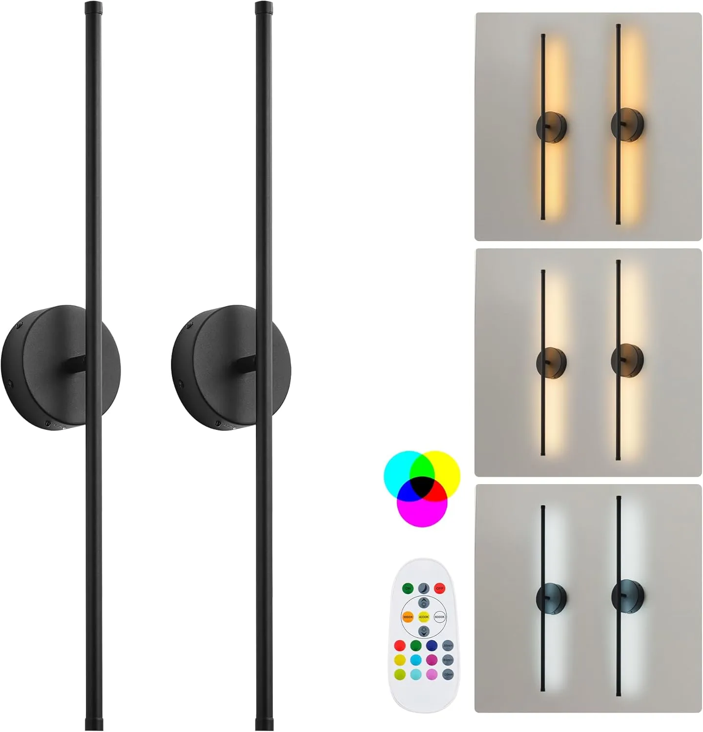 Battery Operated Wall Sconces Set of Two, with Remote Control, Dimmable, Warm White/Natural White/Daylight/RGB, 350°Rotate, LED Black Wireless Wall Light for Living Room, Bedroom, 28.3 Inch