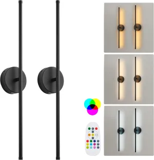 Battery Operated Wall Sconces Set of Two, with Remote Control, Dimmable, Warm White/Natural White/Daylight/RGB, 350°Rotate, LED Black Wireless Wall Light for Living Room, Bedroom, 28.3 Inch