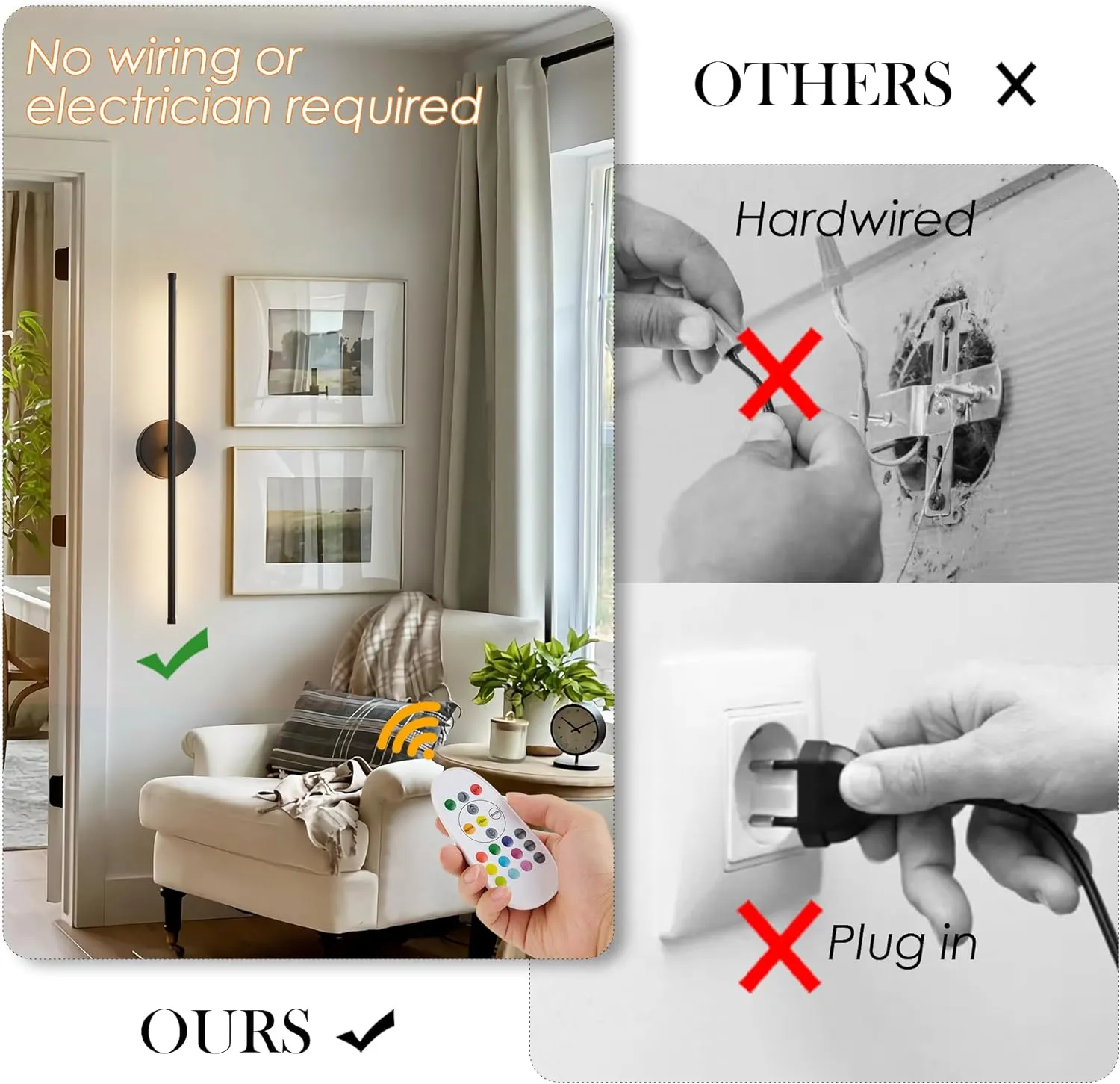 Battery Operated Wall Sconces Set of Two, with Remote Control, Dimmable, Warm White/Natural White/Daylight/RGB, 350°Rotate, LED Black Wireless Wall Light for Living Room, Bedroom, 28.3 Inch