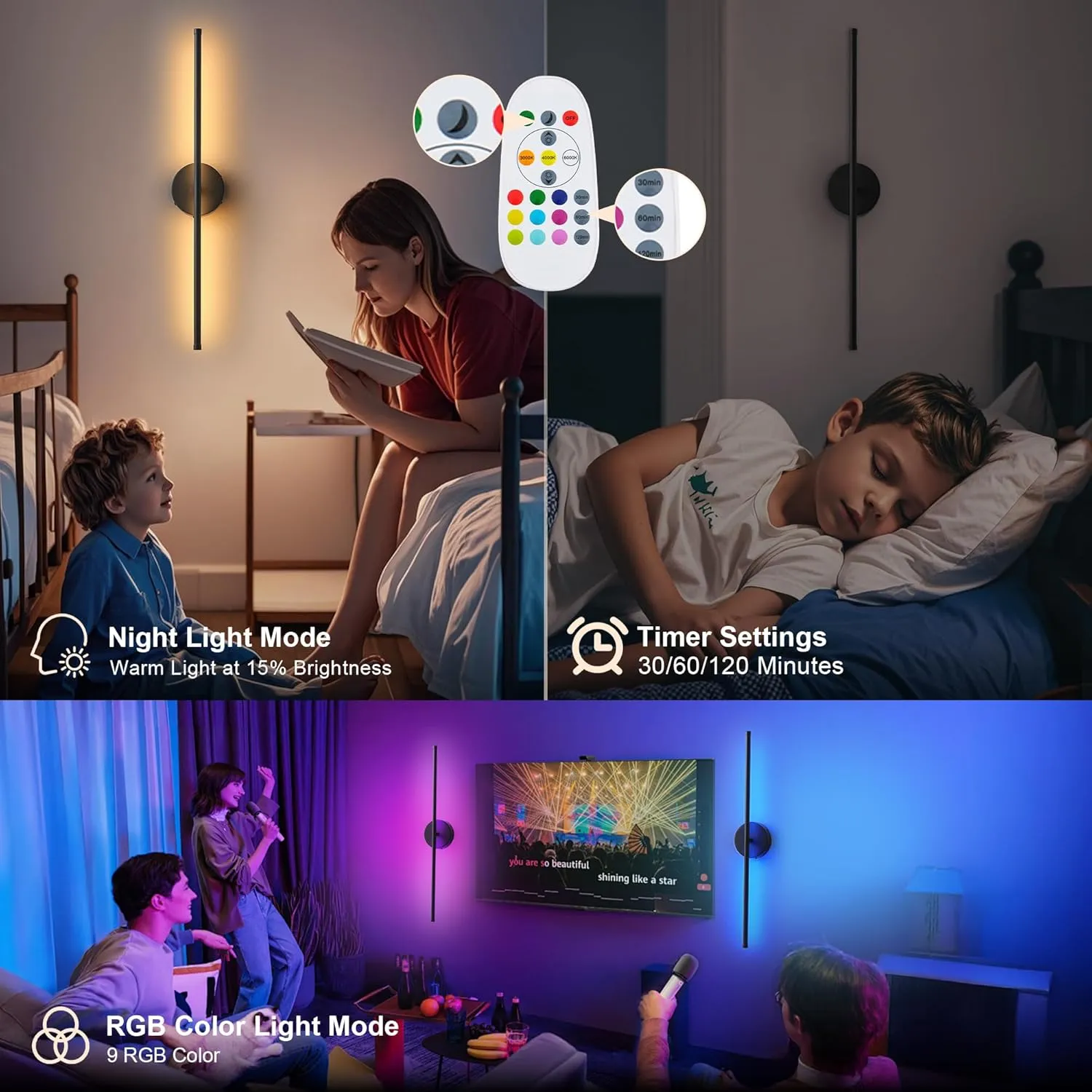 Battery Operated Wall Sconces Set of Two, with Remote Control, Dimmable, Warm White/Natural White/Daylight/RGB, 350°Rotate, LED Black Wireless Wall Light for Living Room, Bedroom, 28.3 Inch