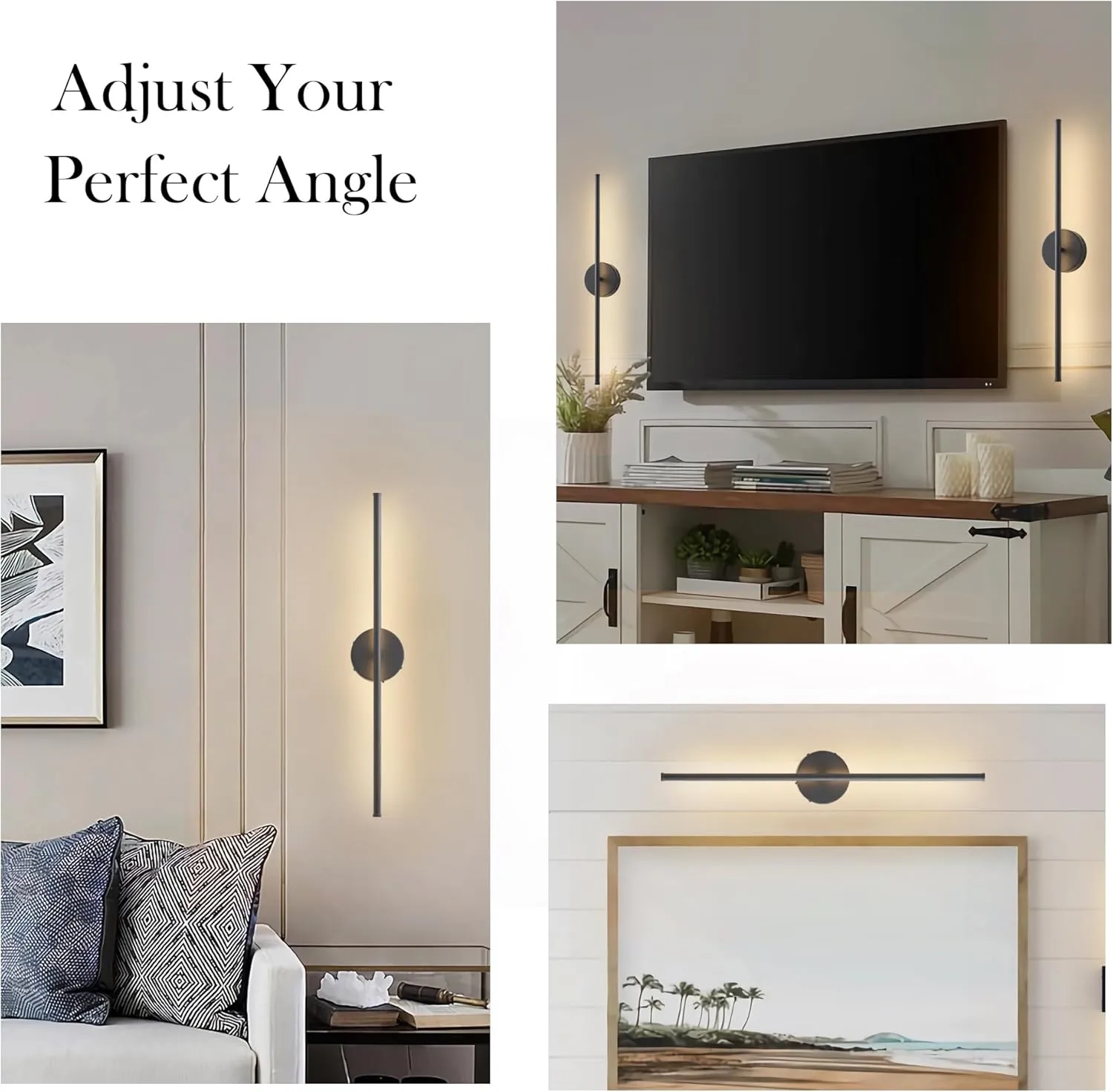 Battery Operated Wall Sconces Set of Two, with Remote Control, Dimmable, Warm White/Natural White/Daylight/RGB, 350°Rotate, LED Black Wireless Wall Light for Living Room, Bedroom, 28.3 Inch
