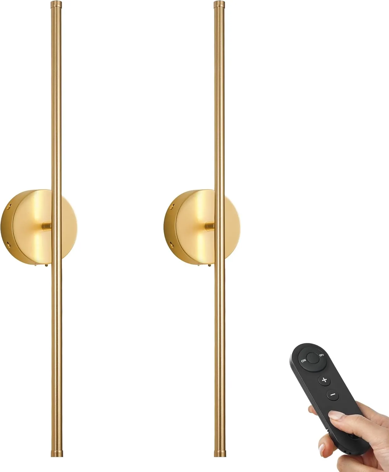 Battery Operated Wall Sconces with Remote Control, Dimmable Wall Sconces Set of Two, 350°Rotate, 3000K LED Gold Wireless Wall Light for Living Room, Bedroom, Hallway, 28.3 Inch (2 Pack)