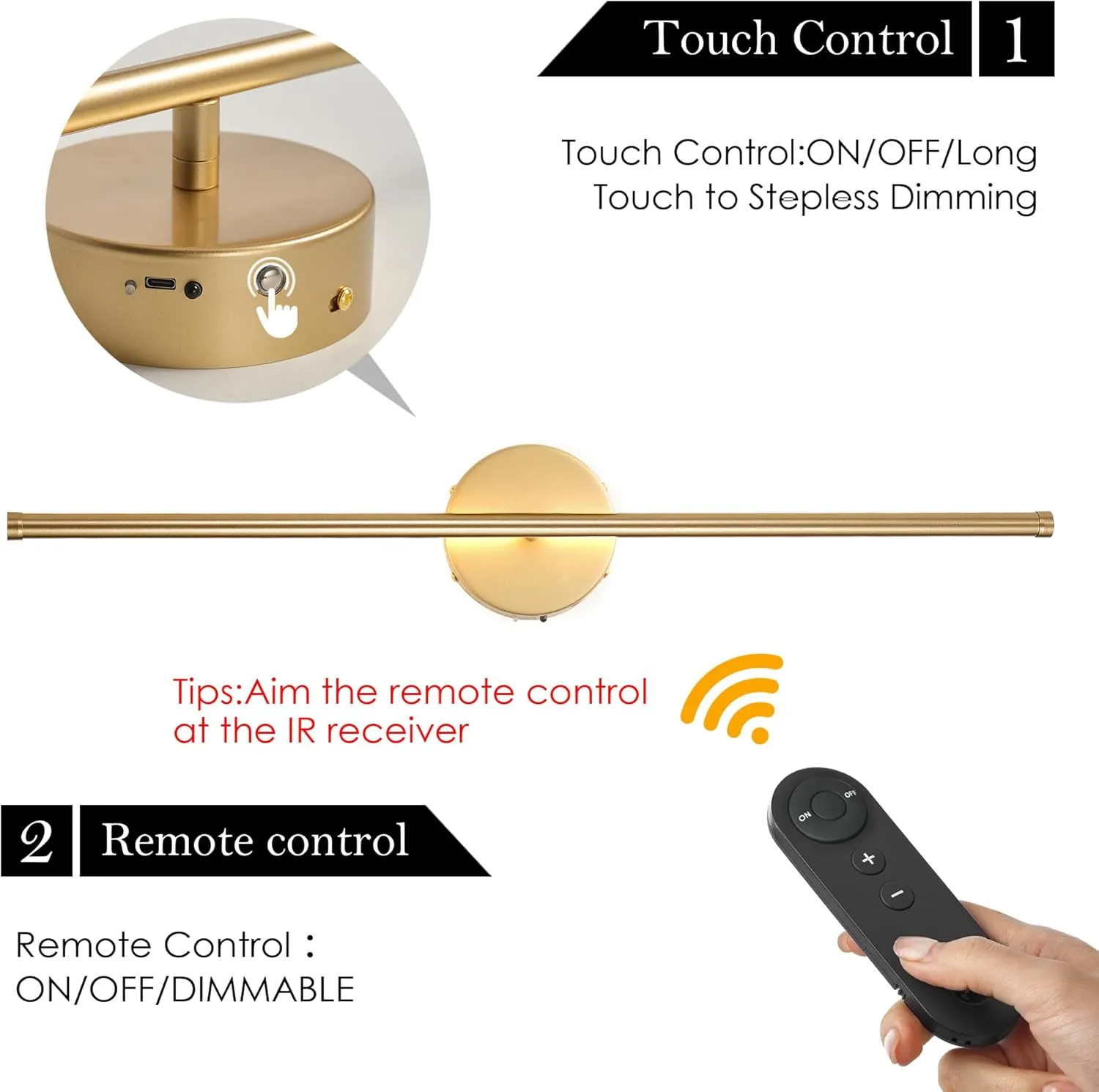 Battery Operated Wall Sconces with Remote Control, Dimmable Wall Sconces Set of Two, 350°Rotate, 3000K LED Gold Wireless Wall Light for Living Room, Bedroom, Hallway, 28.3 Inch (2 Pack)