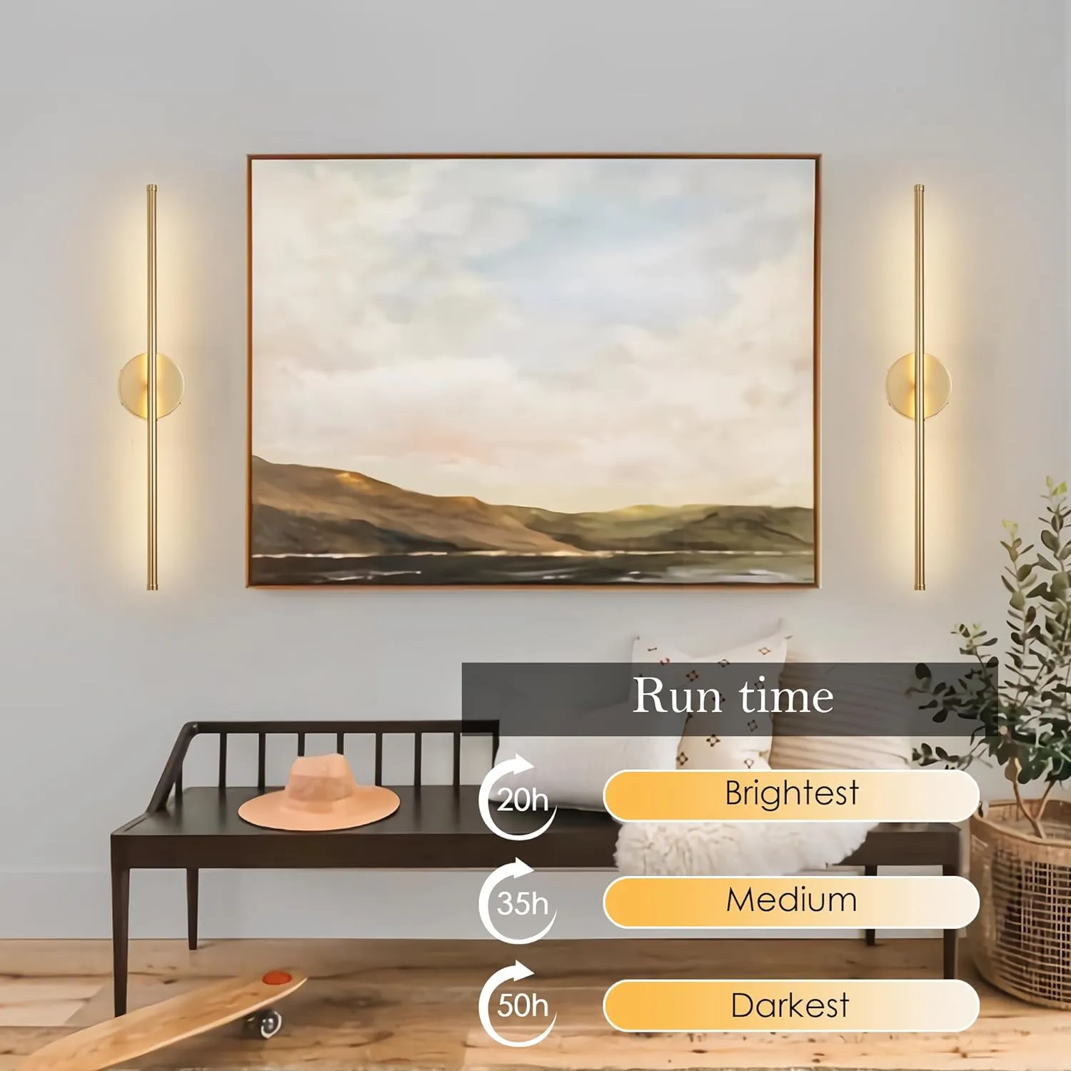 Battery Operated Wall Sconces with Remote Control, Dimmable Wall Sconces Set of Two, 350°Rotate, 3000K LED Gold Wireless Wall Light for Living Room, Bedroom, Hallway, 28.3 Inch (2 Pack)