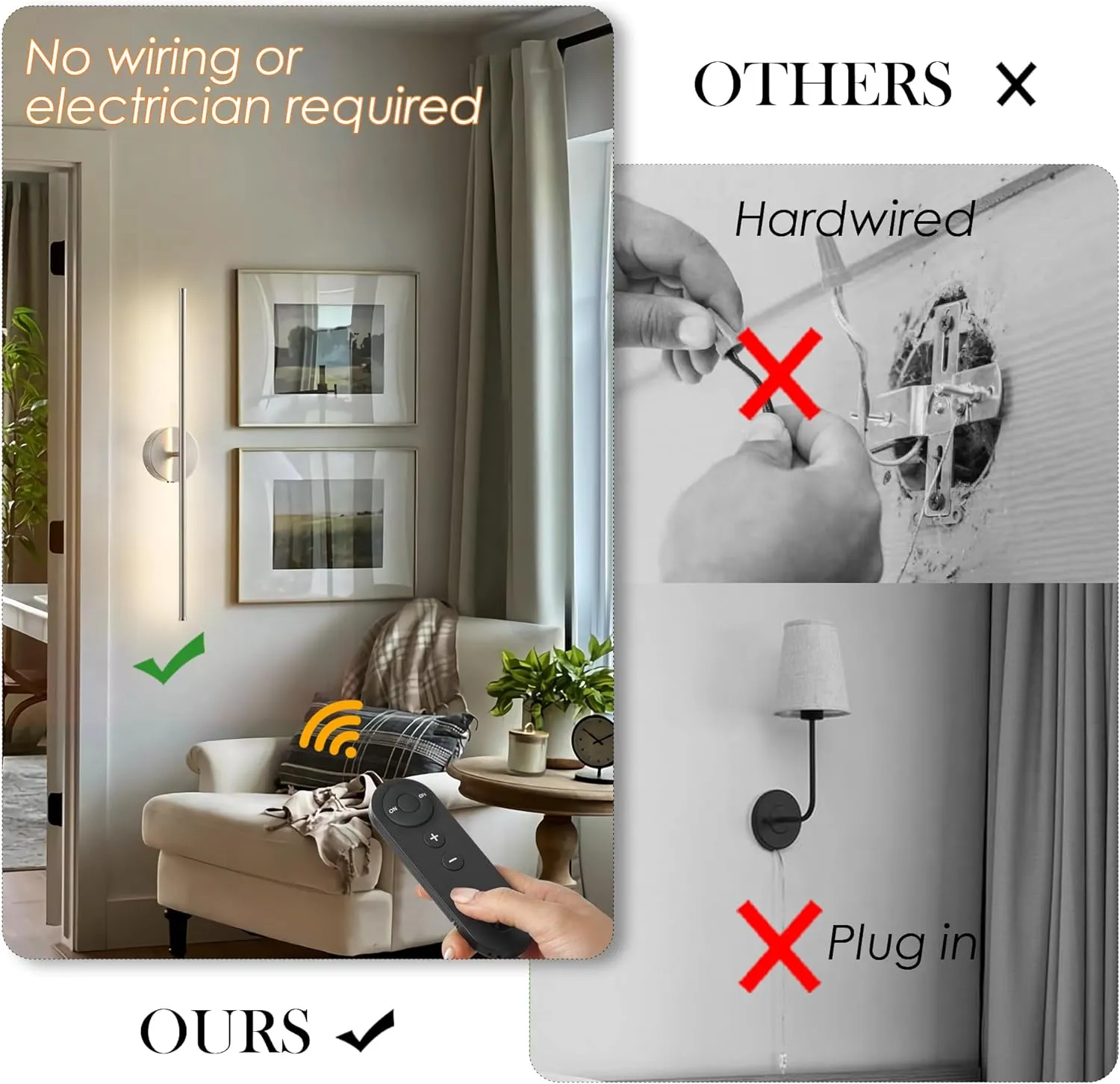 Battery Operated Wall Sconces with Remote Control, Dimmable Wall Sconces Set of Two, 350°Rotate, 3000K LED Nickel Wireless Wall Light for Living Room, Bedroom, Hallway, 32.2 Inch (2 Pack)
