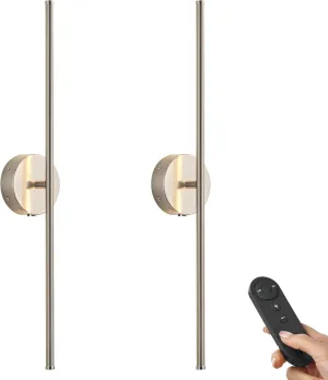 Battery Operated Wall Sconces with Remote Control, Dimmable Wall Sconces Set of Two, 350°Rotate, 3000K LED Nickel Wireless Wall Light for Living Room, Bedroom, Hallway, 32.2 Inch (2 Pack)