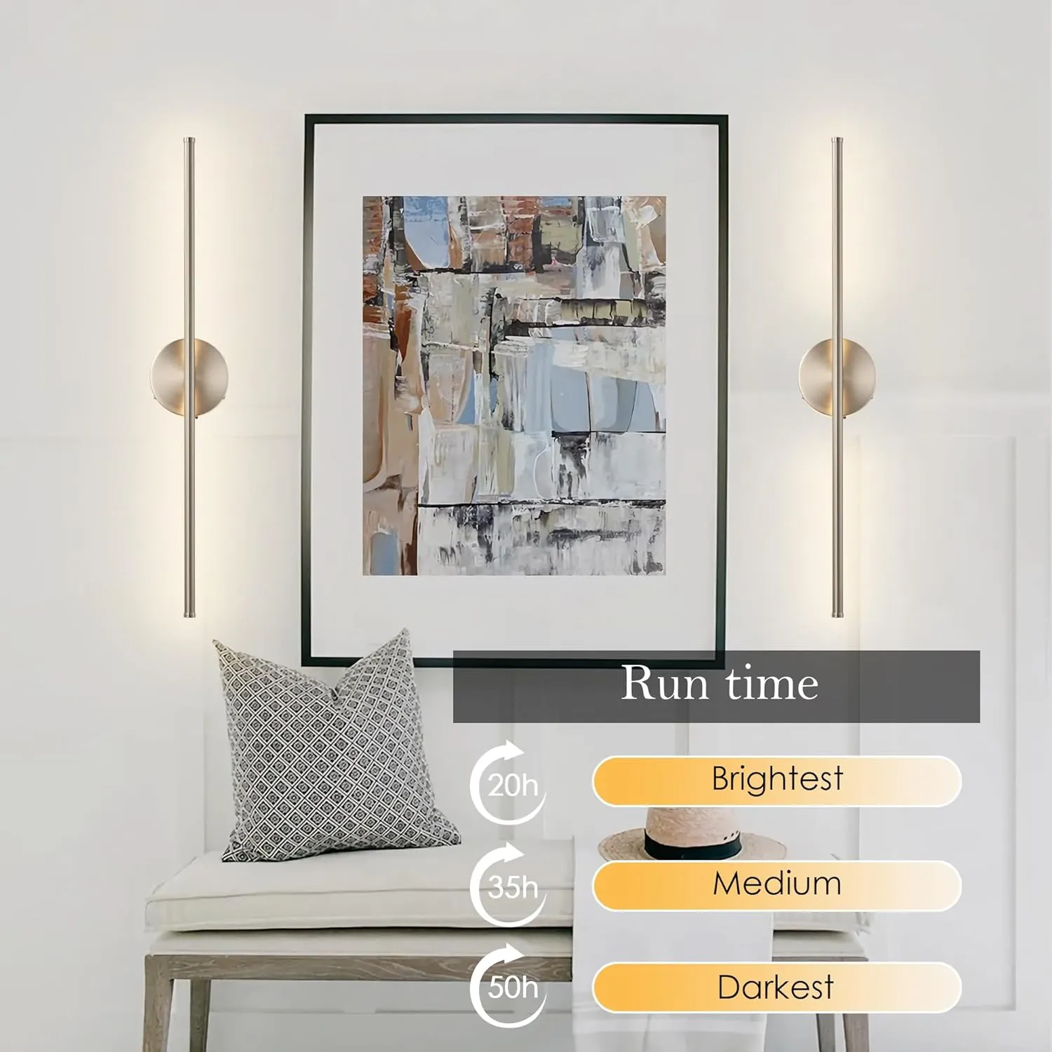 Battery Operated Wall Sconces with Remote Control, Dimmable Wall Sconces Set of Two, 350°Rotate, 3000K LED Nickel Wireless Wall Light for Living Room, Bedroom, Hallway, 32.2 Inch (2 Pack)