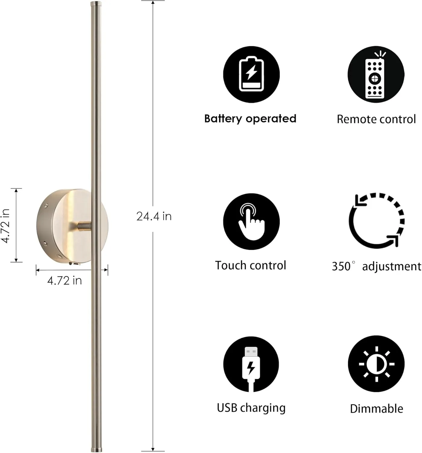 Battery Operated Wall Sconces with Remote Control, Dimmable Wall Sconces Set of Two, 350°Rotate, 3000K LED Nickel Wireless Wall Light for Living Room, Bedroom, Hallway, 32.2 Inch (2 Pack)