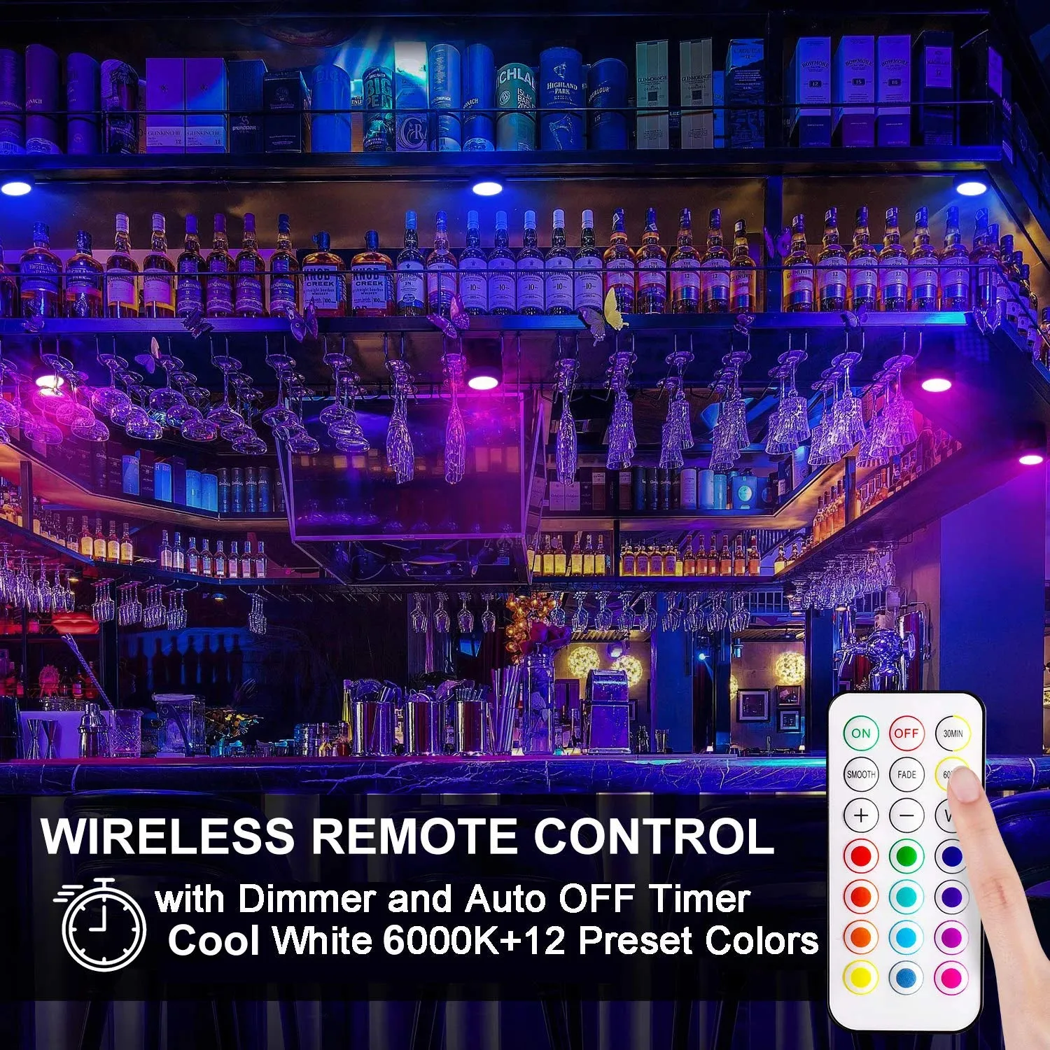 Battery-Powered LED Puck Lights – 13-Color Remote-Control Interior Closet Light for Wardrobe, Under-Cabinet, and Night Lighting