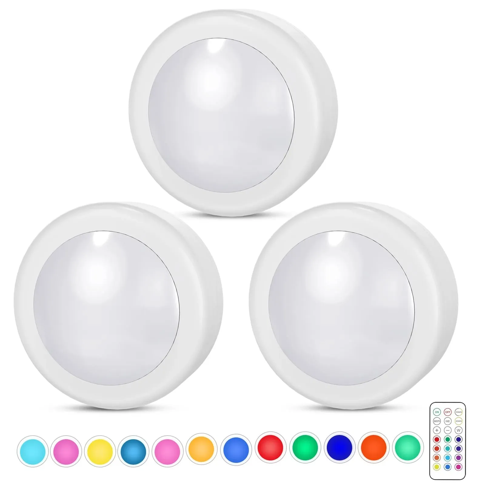 Battery-Powered LED Puck Lights – 13-Color Remote-Control Interior Closet Light for Wardrobe, Under-Cabinet, and Night Lighting