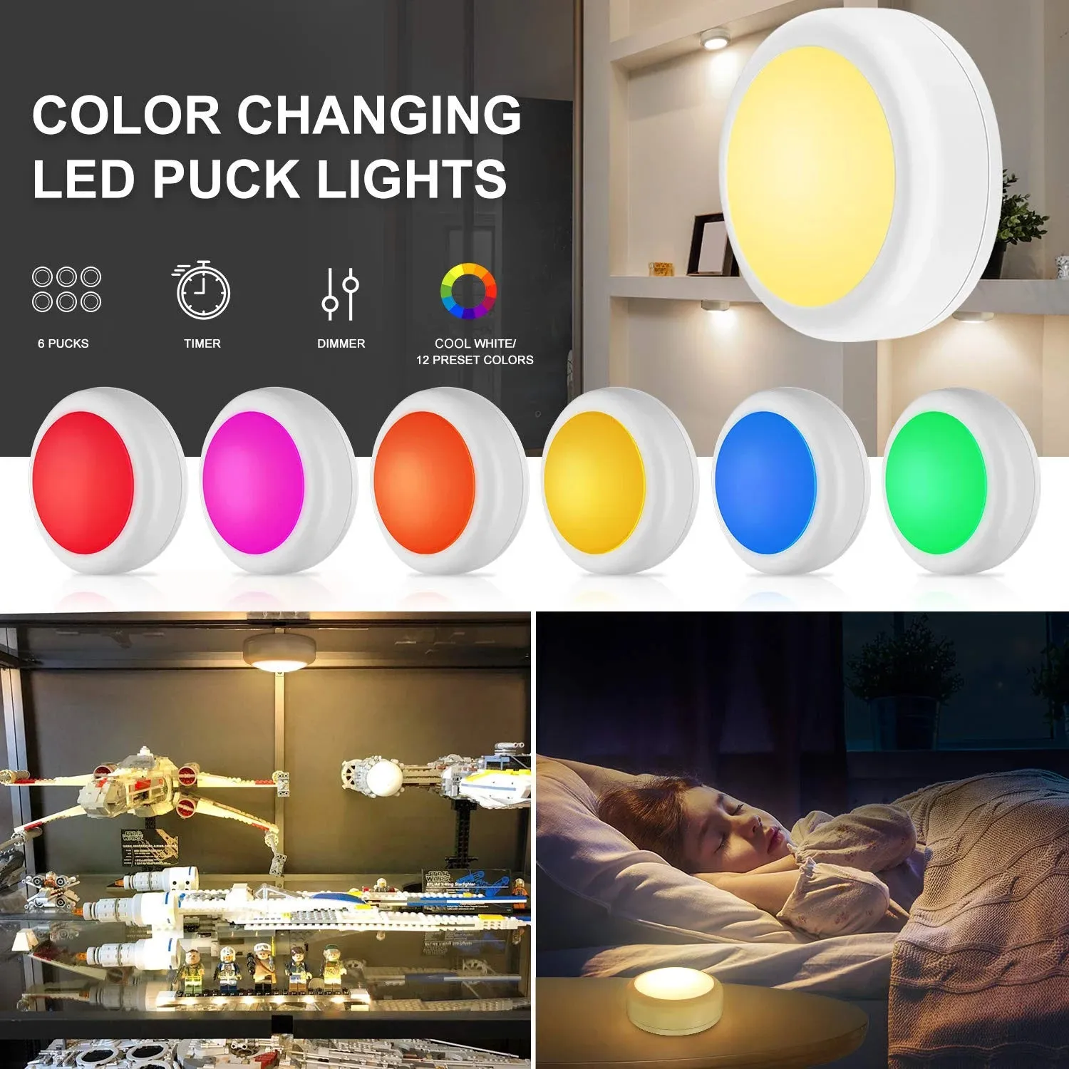 Battery-Powered LED Puck Lights – 13-Color Remote-Control Interior Closet Light for Wardrobe, Under-Cabinet, and Night Lighting