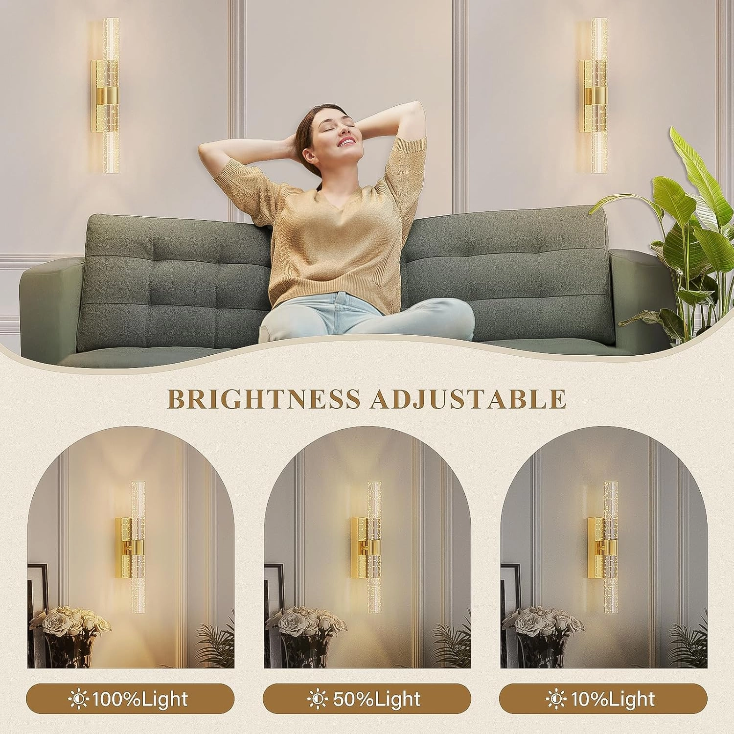 Battery Operated Gold Wall Sconces Set of 2 Rechargeable Battery Powered Wall Light with 12000mAh Not Hardwired Dimmable Wall Lamp Fixtures for Bedroom Living Room 15.3 Inches