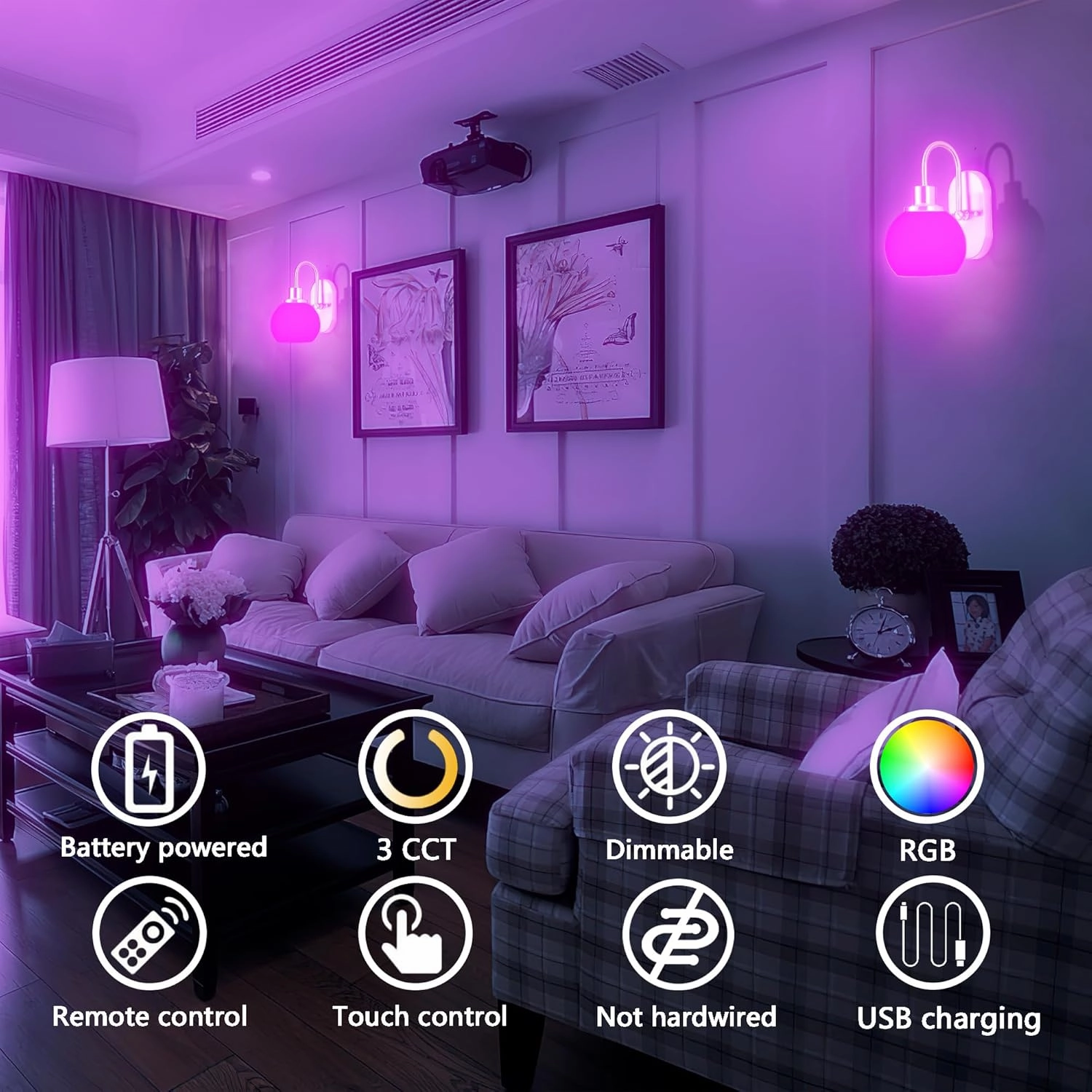 Battery Operated Wall Sconce Set Of Two, RGB Color Changing Dimmable Sconces With Remote For Bedroom Living Room, Easy To Install