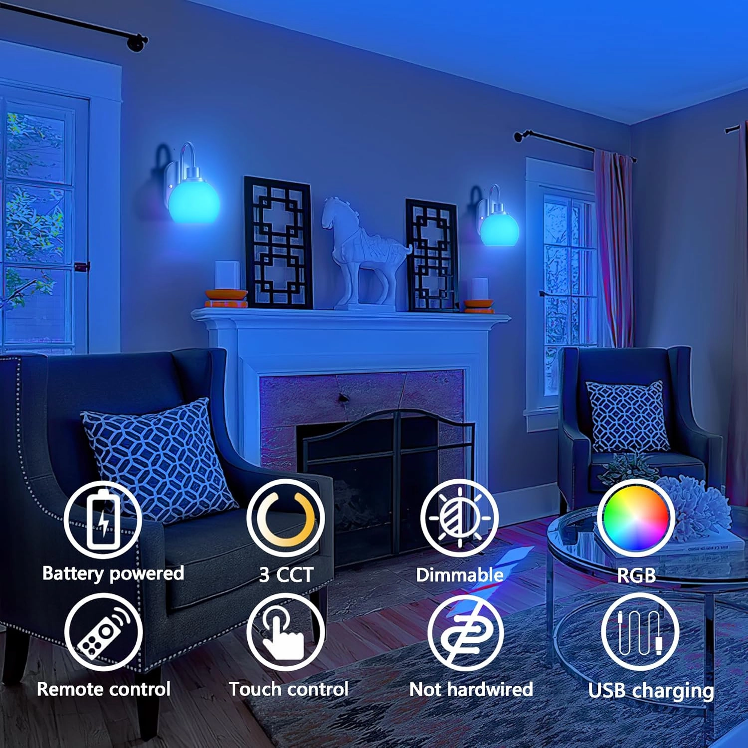 Battery Operated Wall Sconces Set of 2, Battery Operated Wall Lights With Remote, RGB Color Changing USB Rechargeable Up to 50 hours use time,Not Hardwired Battery Sconces For Bedroom Living Room