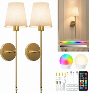 Battery Operated Wall Sconces Set of 2, Cordless Wall Lights with Rechargeable Bulbs and Remote, 12 Lighting Colors and Dimmable, Battery Powered Wall Lights for Bedroom Living Room, Gold   Flax