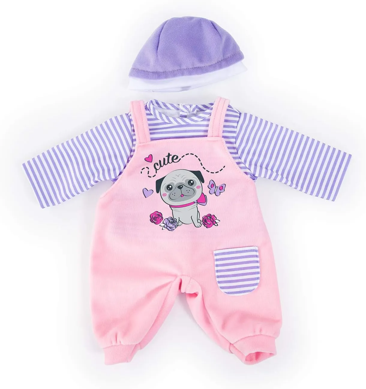 Bayer Design -83883AA Clothes for 33-38cm Dolls, Dungarees, Tops and Cap, Set, Cute Pattern Clothes for Dogs, Pink, Purple, Small, 83883AA